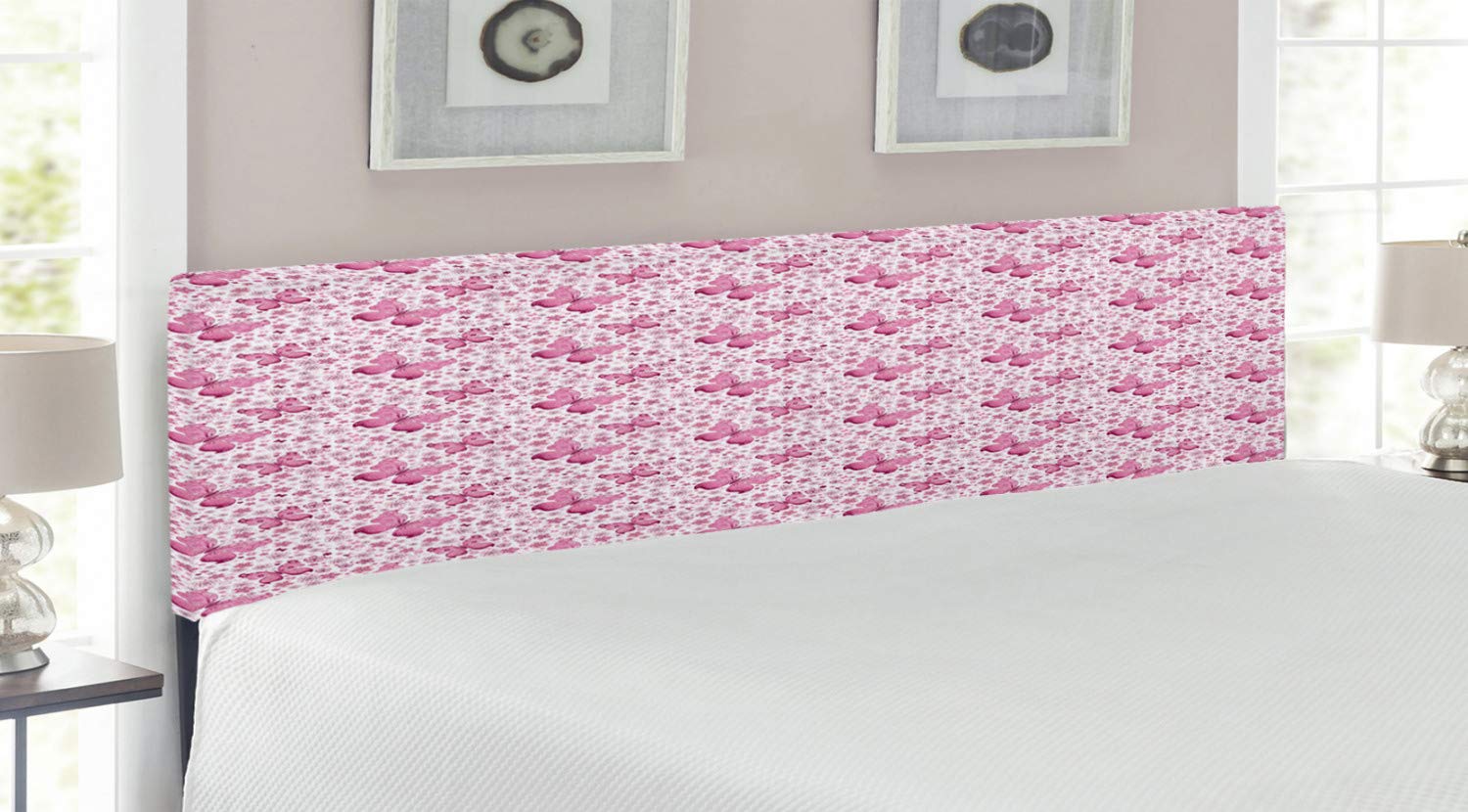 Ambesonne King Size Upholstered Headboard with Memory Foam - Butterfly Floral Hearts Design in Vibrant Pale Pink & White - Decorative Metal Bed Frame Headboard for Master Bedroom, Guest Room, Dorm Decor