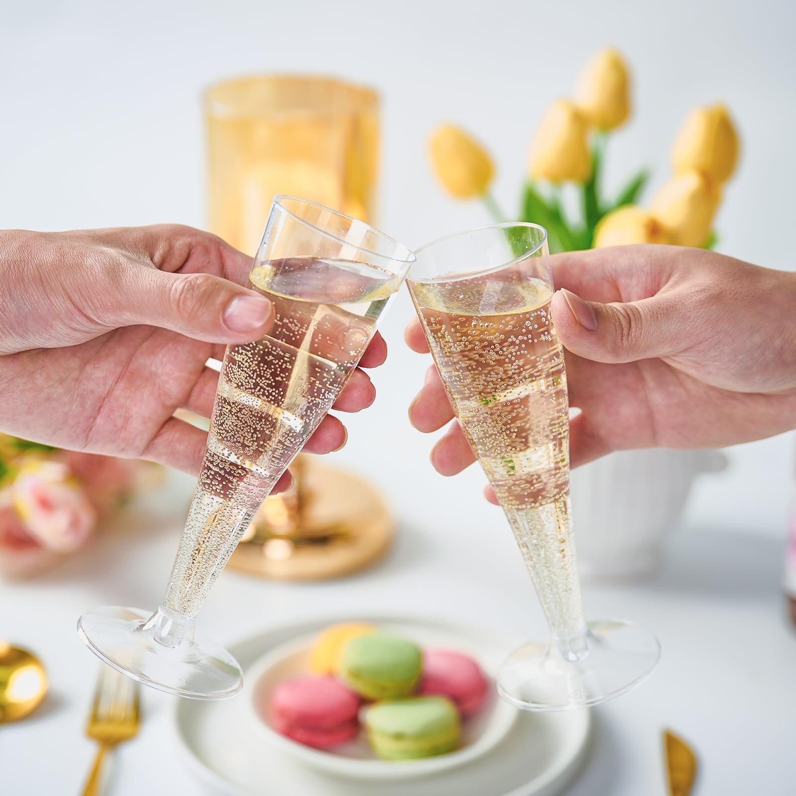 FOCUSLINE 100 Pack 4.5 Oz Clear Plastic Champagne Flutes - Disposable Recyclable Toasting Glasses for Wedding, Party, Bridal Shower & Events - Elegant Drinkware for Celebrations & Special Occasions