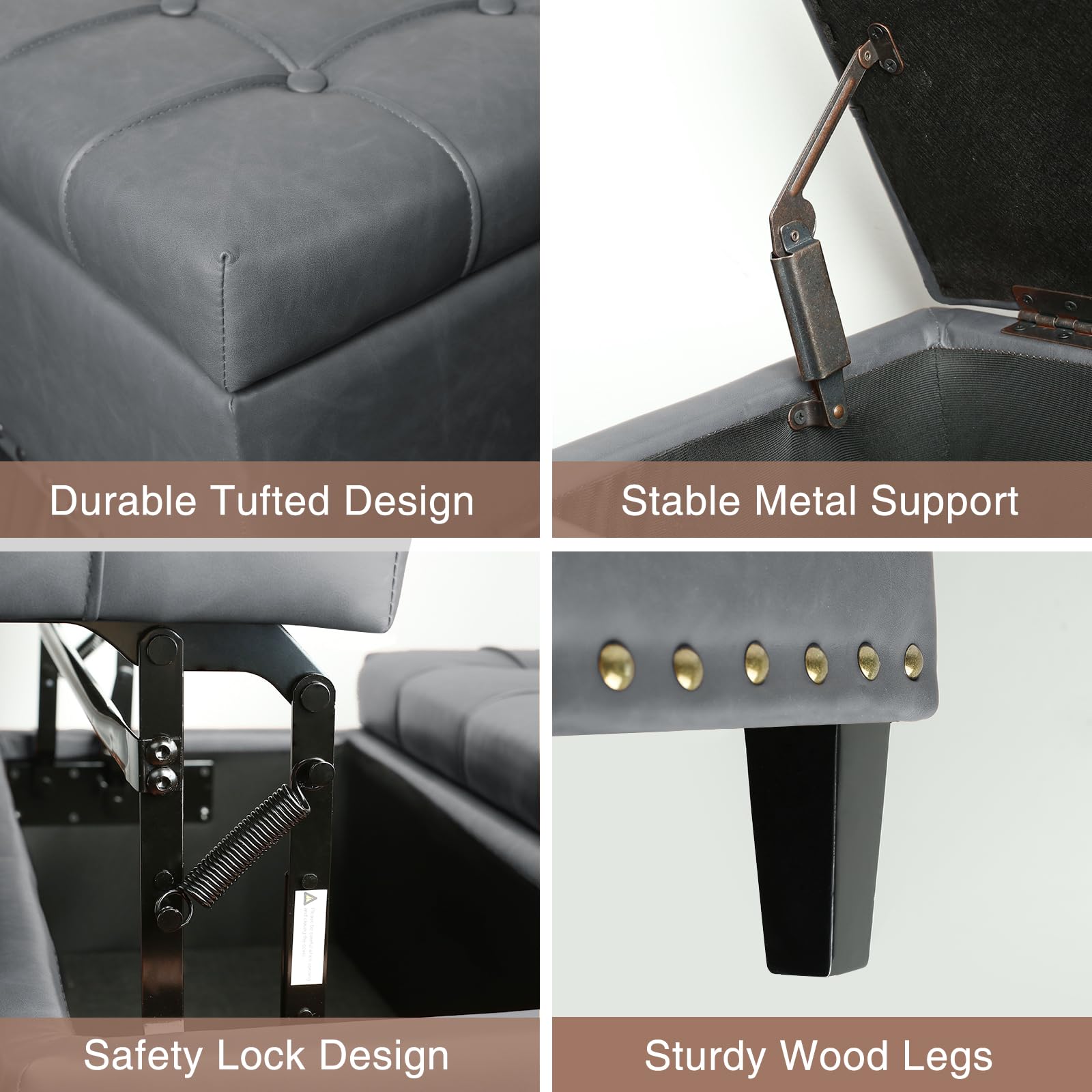 Tufted Square Ottoman Coffee Table with Storage - Leather Upholstered Cube Storage Ottoman Footrest Stool for Living Room & Bedroom - Grey - Perfect as Toy Box, Extra Seating & Stylish Home Decor