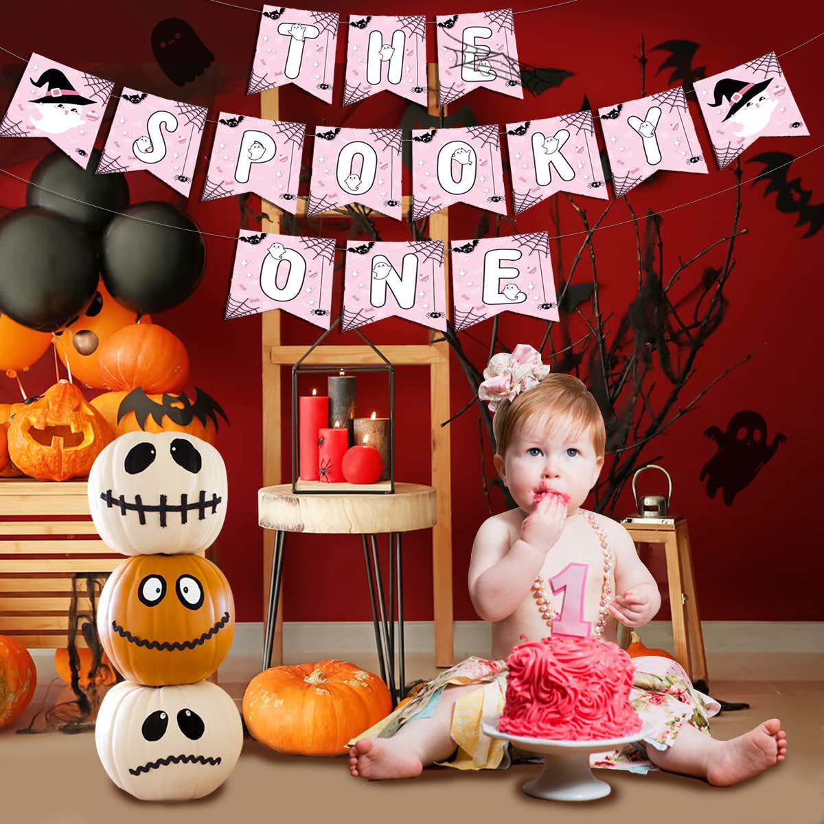 The Spooky One First Birthday Banner - Pink Halloween Baby Shower Decorations for Girls | Ghost Print Party Supplies for 1st Birthday & Halloween Celebrations | Perfect for Baby Girl's Birthday Party, Nursery Decor, and Spooky Theme Events