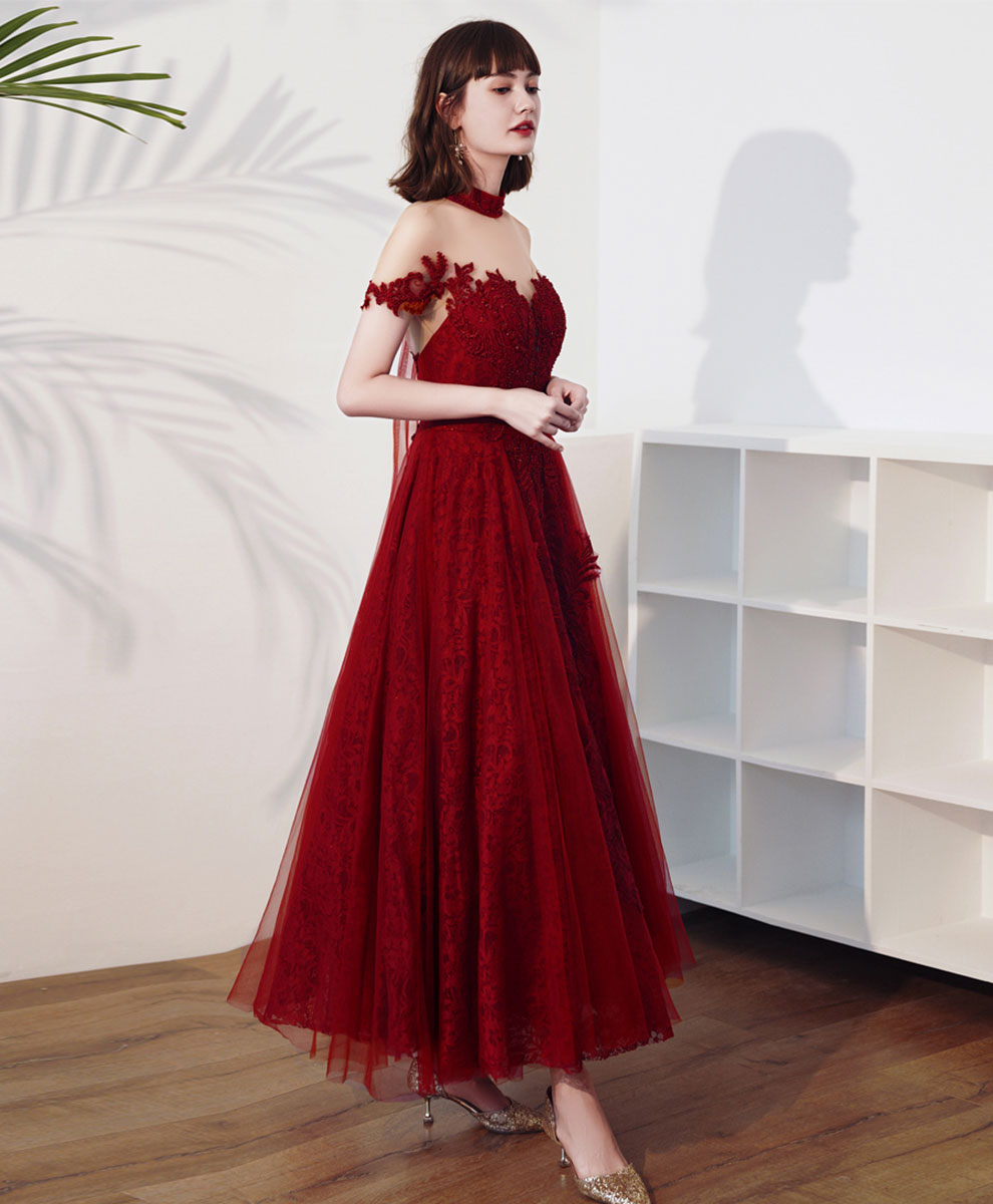 Elegant Burgundy High Neck Tulle Lace Tea-Length Prom Dress - Formal Evening Gown for Women | Perfect for Homecoming, Quinceañera & Special Occasions