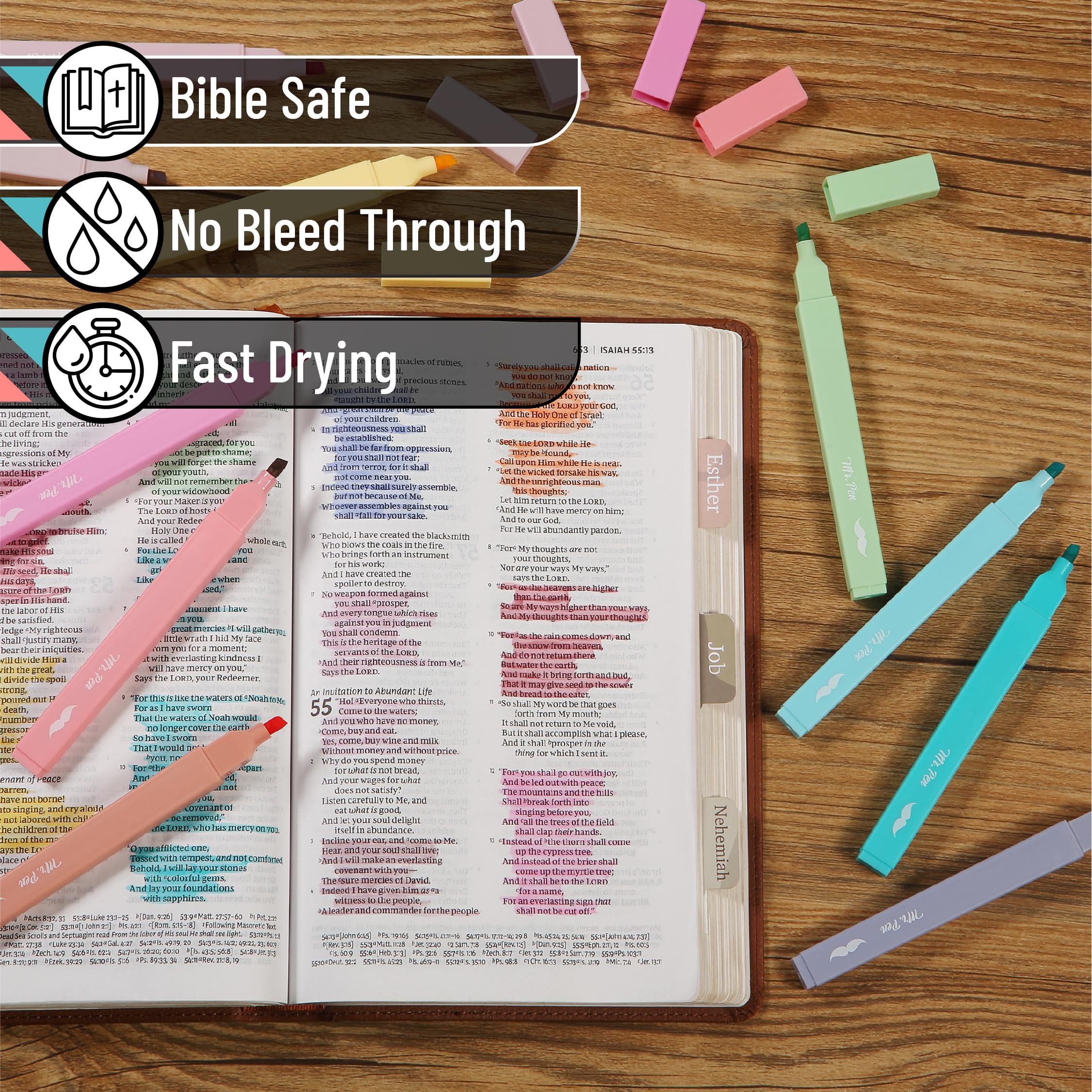 Pastel Chisel Tip Highlighters - 10 No Bleed Pens for Bible & Notes
