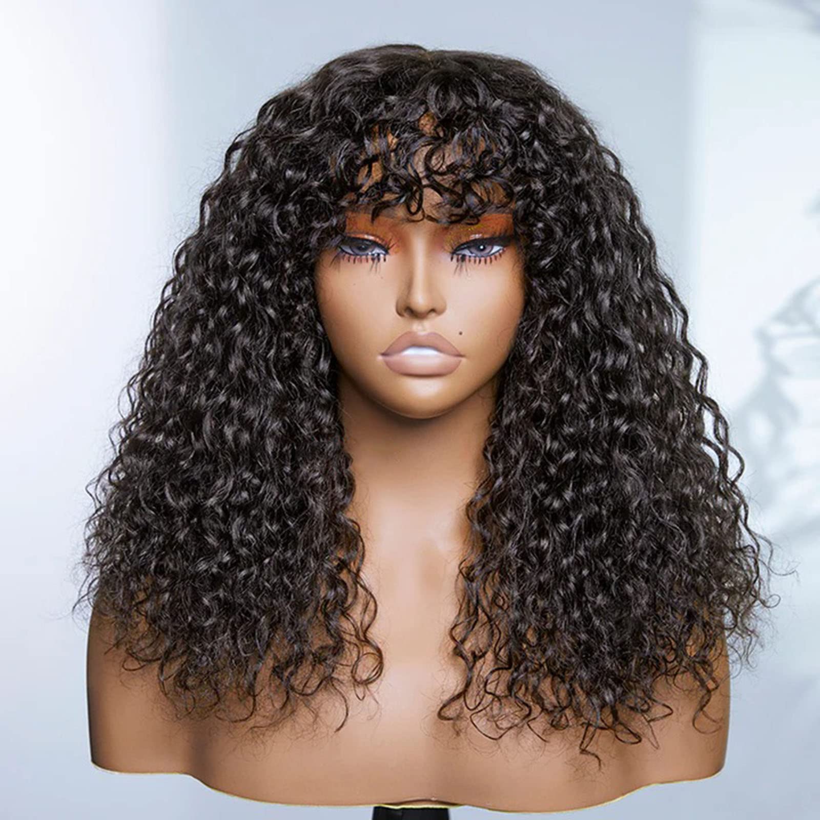 200 Density Brazilian Remy Human Hair Wig with Bangs & Scalp Top - Short Curly Machine Made Wig for Women (14 Inch, Natural Color) | Perfect for Daily Wear, Cosplay & Special Occasions