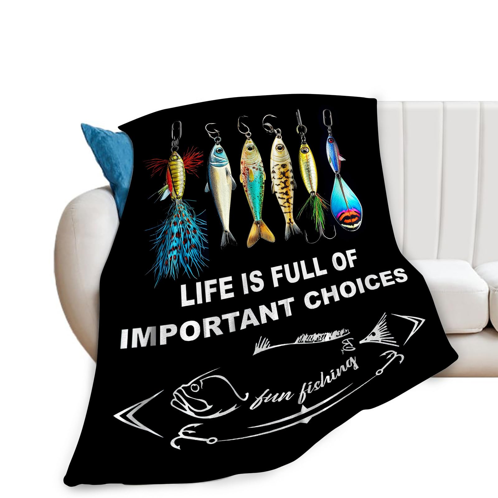Premium Soft Fleece Fishing Blanket - Ultra Warm & Cozy Plush Throw for Men & Women - Lightweight & Fuzzy Fish Design - Perfect for Couch, Sofa, Bed & Outdoor Camping - 50
