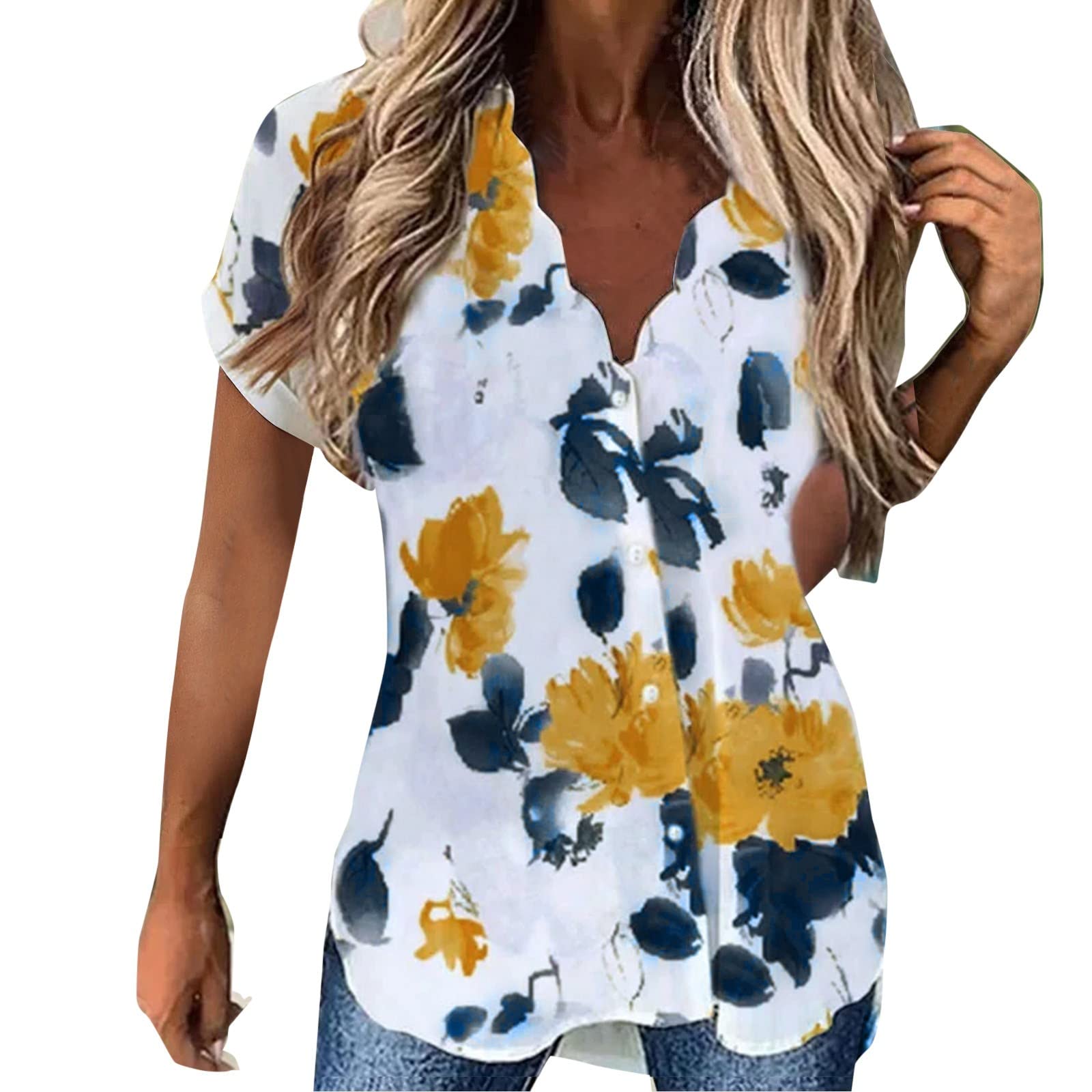 XINSHIDE Women's Casual Floral Print V-Neck Blouse - Scallop Trim Short Sleeve Button Down Tunic Top for Work, Date Night & Summer Outfits