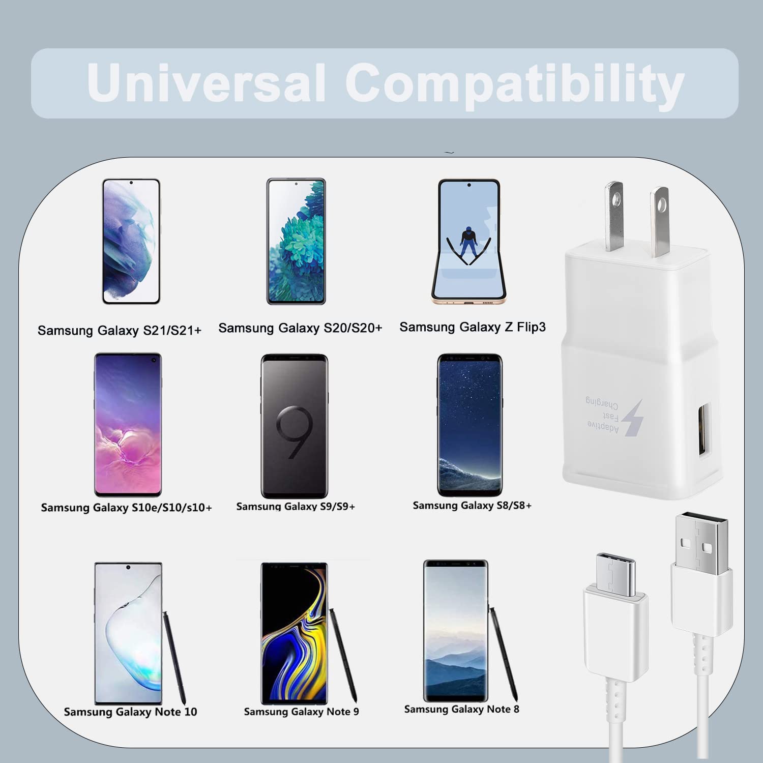 Fast Charging USB C Charger (2 Pack) - 18W PD Quick Charge Adapter with Type C Cable for Samsung Galaxy S21/S20/S10/S9/S8, Note 10/9/8/7, A Series & Tablets - Perfect for Home, Office & Travel Charging