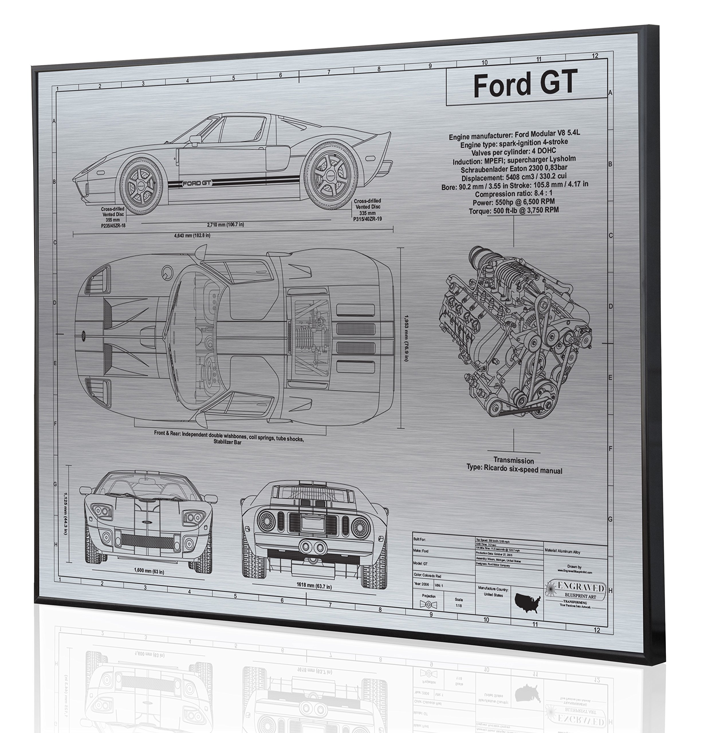 Ford GT Blueprint Artwork - Laser Engraved & Personalized - Unique Car Enthusiast Gift for Home or Office Decor
