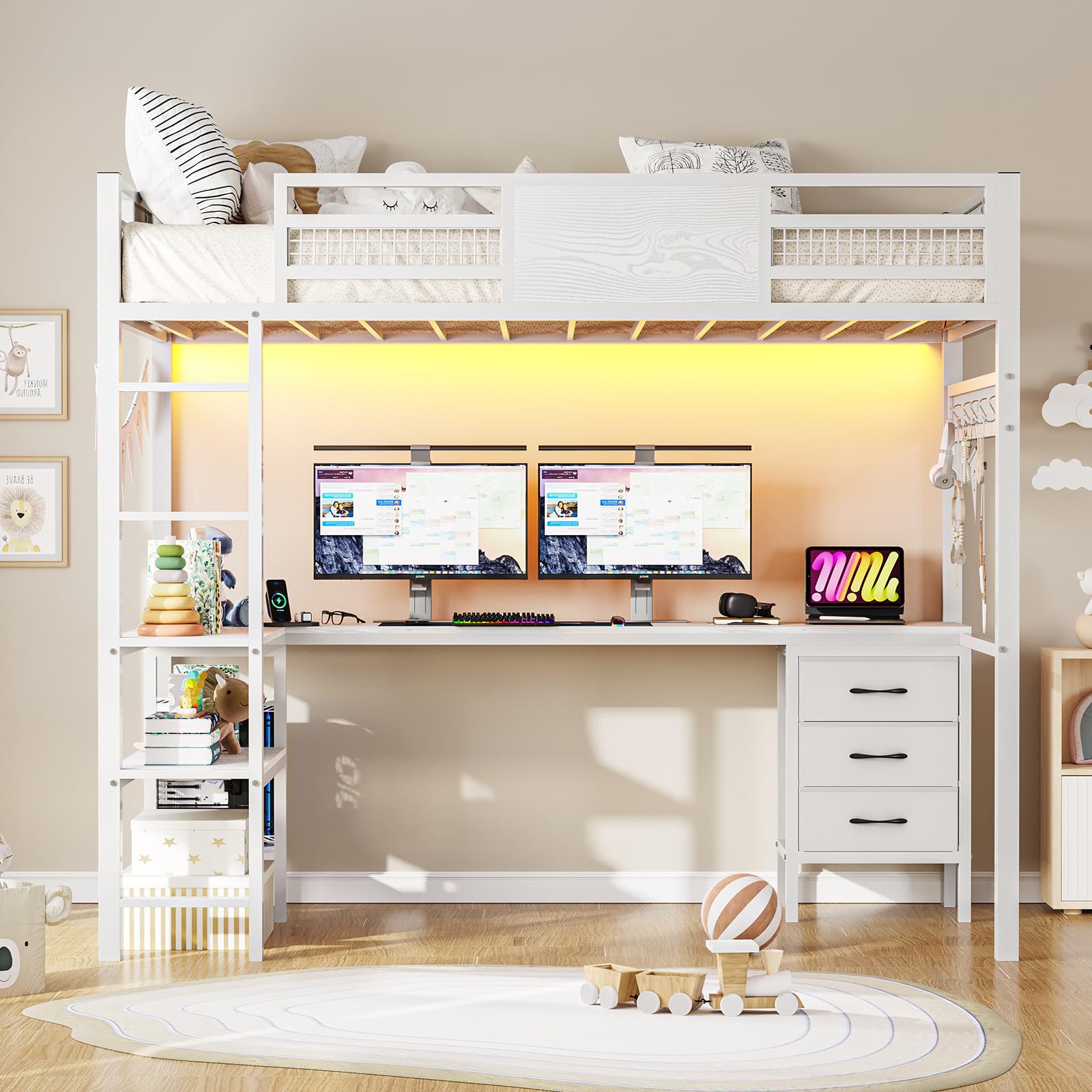 Twin Loft Bed with L-Shaped Desk & LED Lights - Metal Twin Size Bed Frame with Charging Station, 3 Fabric Drawers & 2-Tier Storage Shelves - Safety Guard & Ladder Included - No Box Spring Needed - Perfect for Small Bedrooms, Dorm Rooms & Kids' Rooms