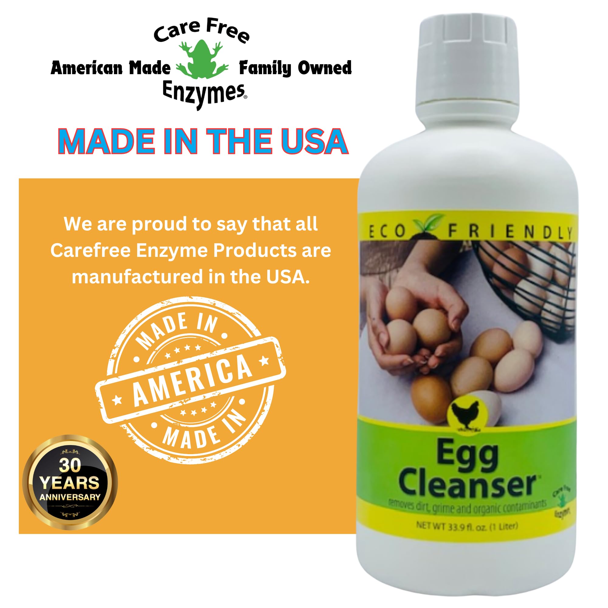 CareFree Enzymes 94177 Egg Washing Cleanser - 1 Liter (33.9 Fl Oz) | Natural & Safe Egg Cleaner for Farm, Home & Commercial Use | Removes Stains & Bacteria