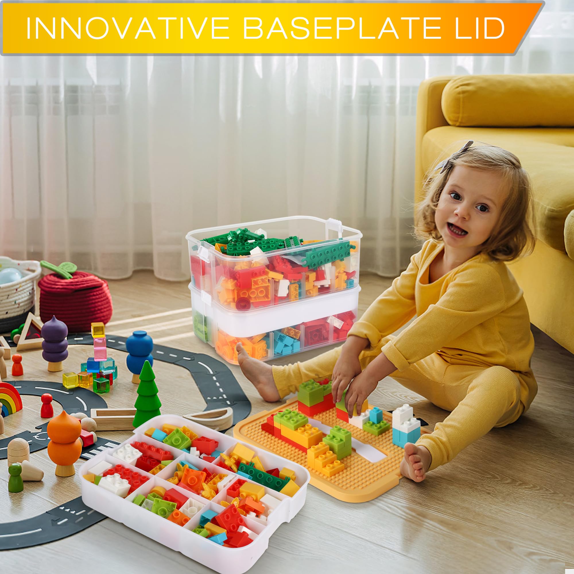 Stackable Kids Lego Storage Organizer - 2-Layer Clear Building Blocks Container Box with Baseplate Lids | Portable Playroom Organization Bin with Drawers & Puzzle Board | Perfect for Lego Brick Storage, Craft Organization & Kids Room Decor