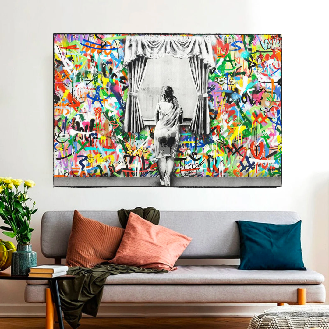 Banksy Freedom Curtains Lady Canvas Wall Art Print - Street Art Home Decor for Living Room, Bedroom & Office - Modern Urban Wall Hanging for Art Lovers