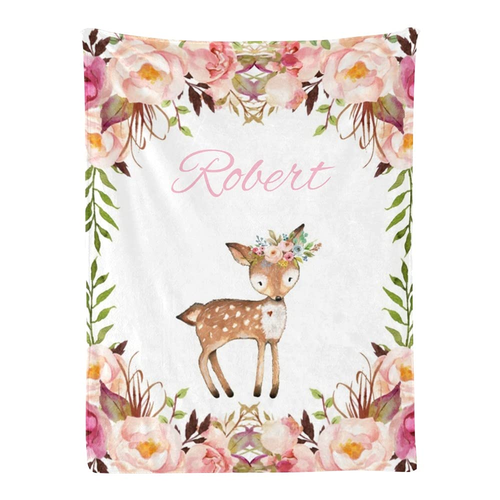 **Personalized Floral Deer Baby Blanket - Custom Name Super Soft Fleece Blanket for Boys & Girls - 30x40 Inches - Perfect for Nursery, Baby Shower & Birthday Gifts**