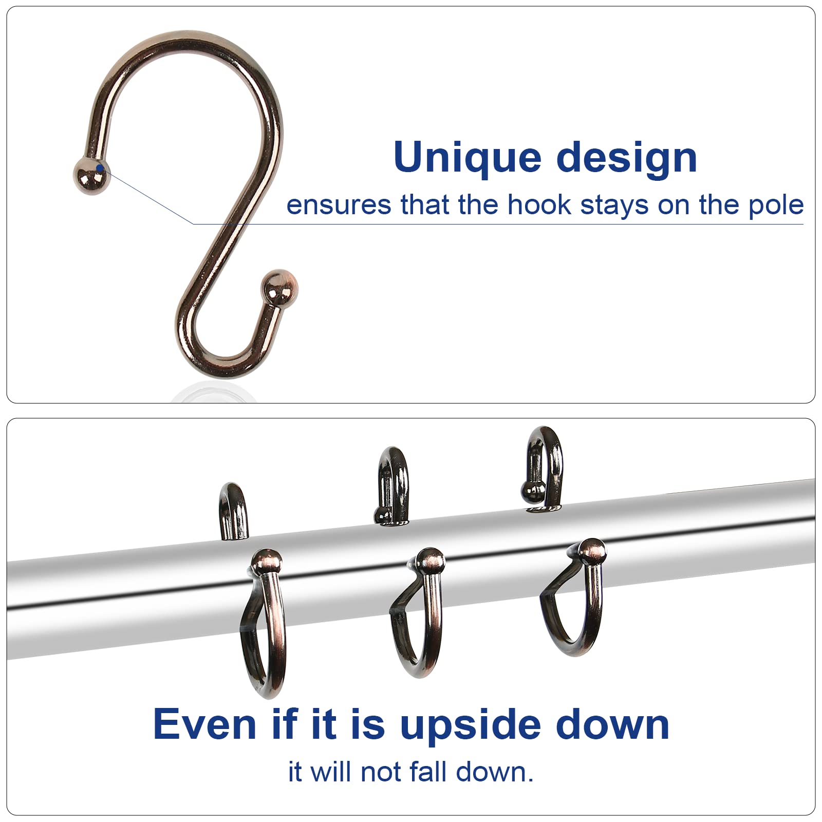 12 Pack Rust-Proof Metal Shower Curtain Hooks - Durable S-Shaped Hangers for Bathroom, Kitchen & Closet - Bronze Finish Hooks for Curtains, Towels, Utensils & Clothes Organization (Perfect for Home, Dorm & RV Use)