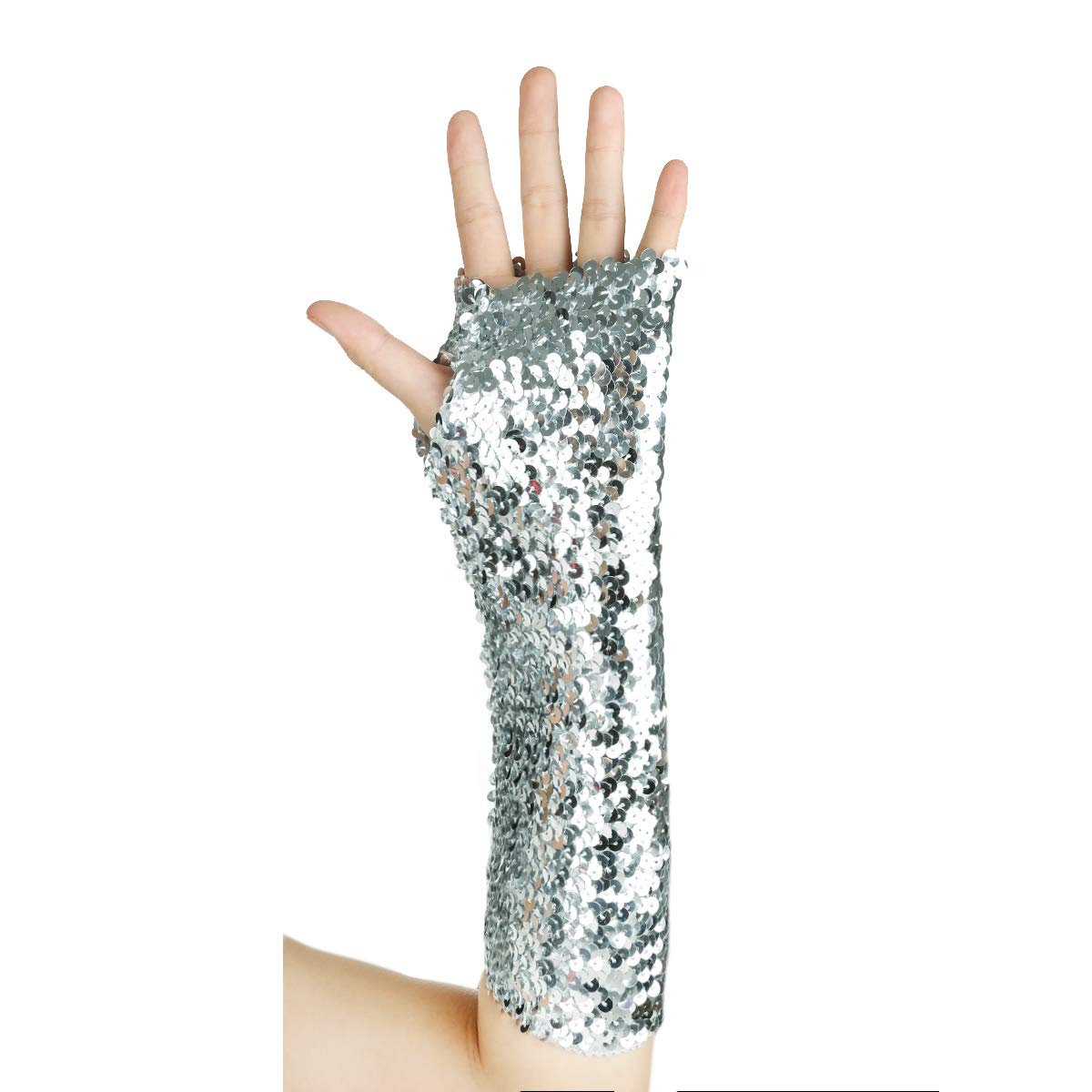 JISEN Shiny Sequins Arm Warmers - Stretchy Fingerless Gloves for Women, Fashionable Dance & Performance Accessories, Perfect for Cosplay, Rave Parties, and Winter Outfits