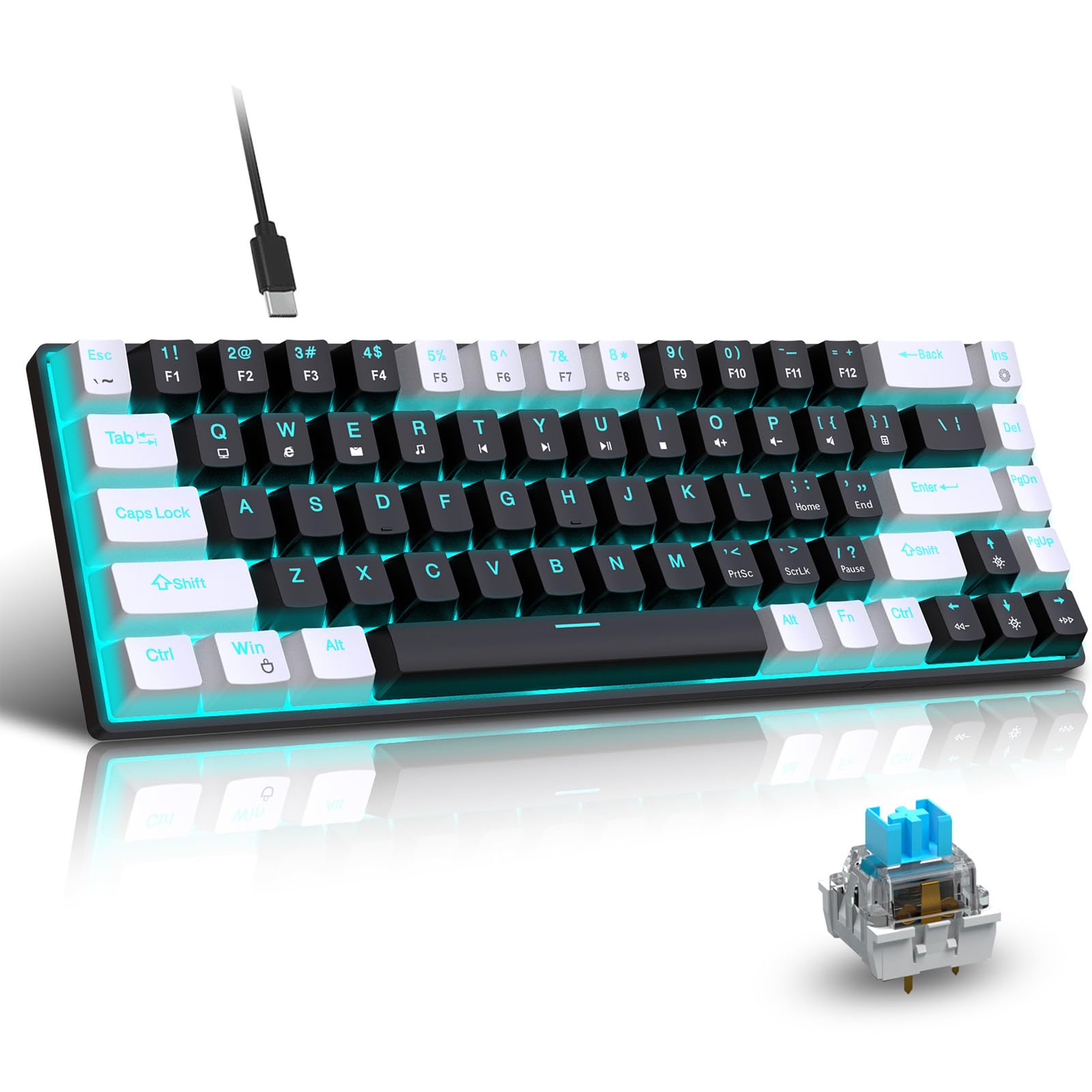 Gearwell 68 Key RGB Mechanical Gaming Keyboard for PC - Compact Wired Keyboard with Customizable Backlight, White & Black - Perfect for Gaming, Typing & Office Work