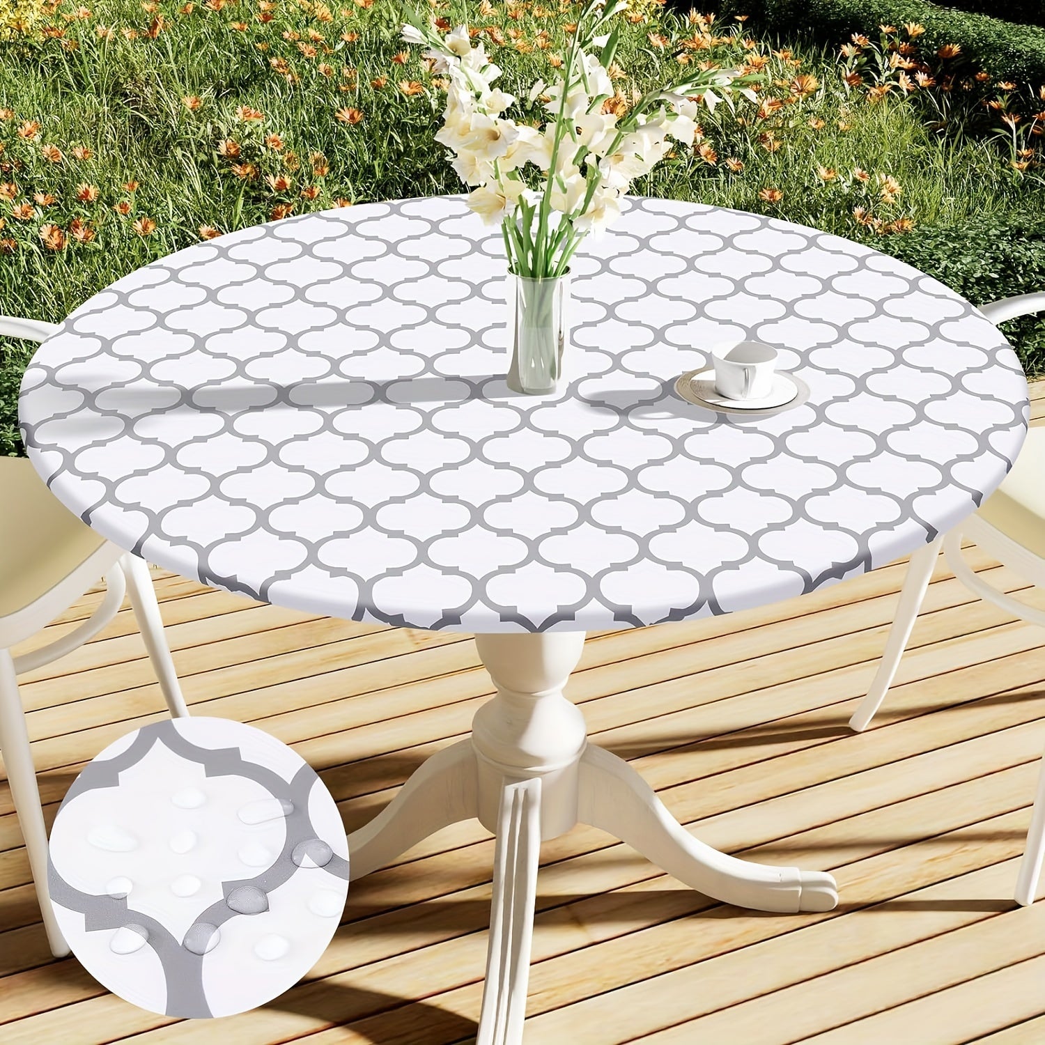 100% Vinyl Round Moroccan Tablecloth - Waterproof & Oil Proof with Flannel Backing, Elastic Edges for Indoor, Outdoor, Patio, Picnic, Camping - Perfect for Dining, BBQs, and Outdoor Gatherings