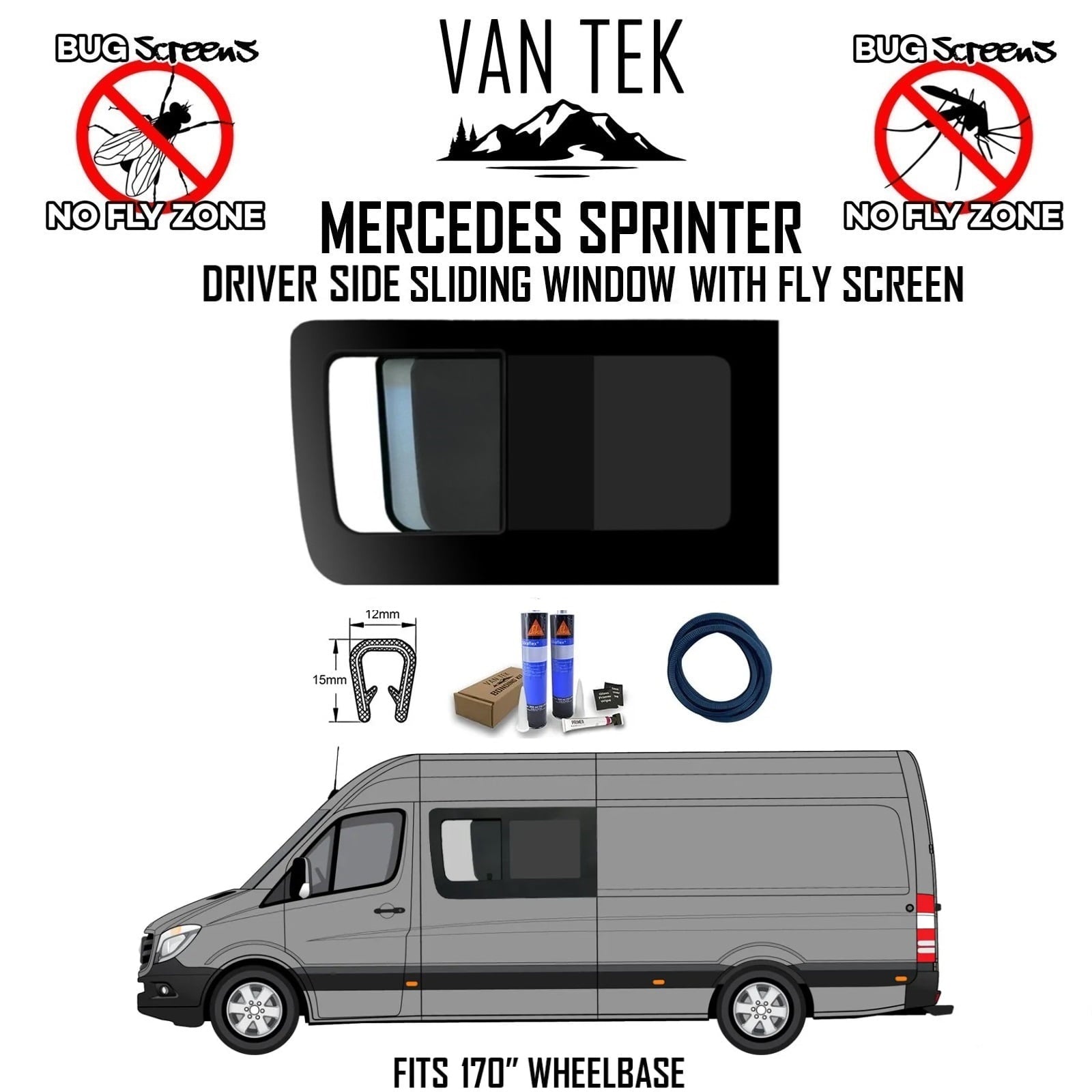 Mercedes Sprinter Driver Side Sliding Window with Fly Screen | Replacement Van Window | Bug Protection for Camping & Road Trips