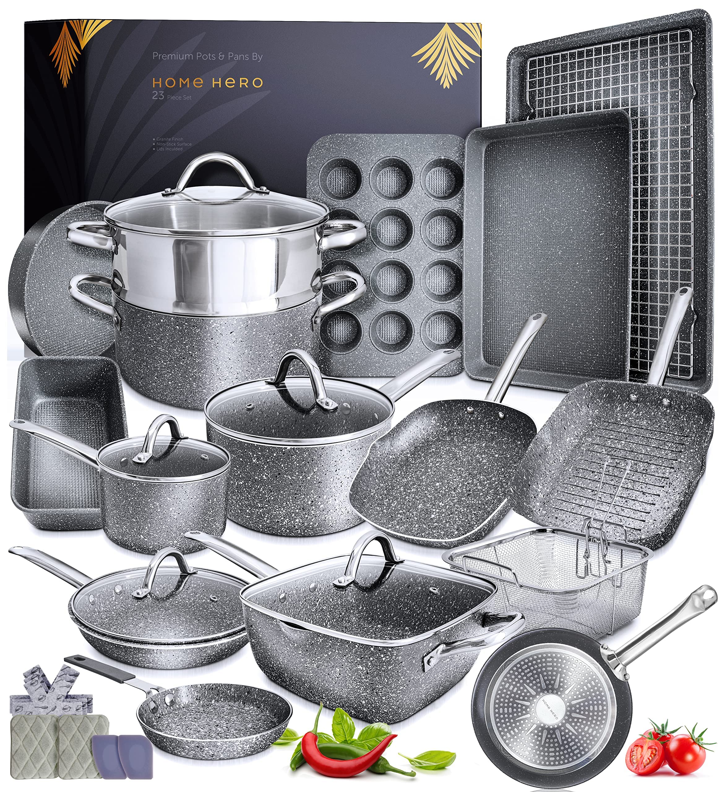 Premium 23-Piece Granite Nonstick Cookware Set - Induction Compatible Pots & Pans for All Stovetops | Perfect for Frying, Sautéing & Everyday Cooking