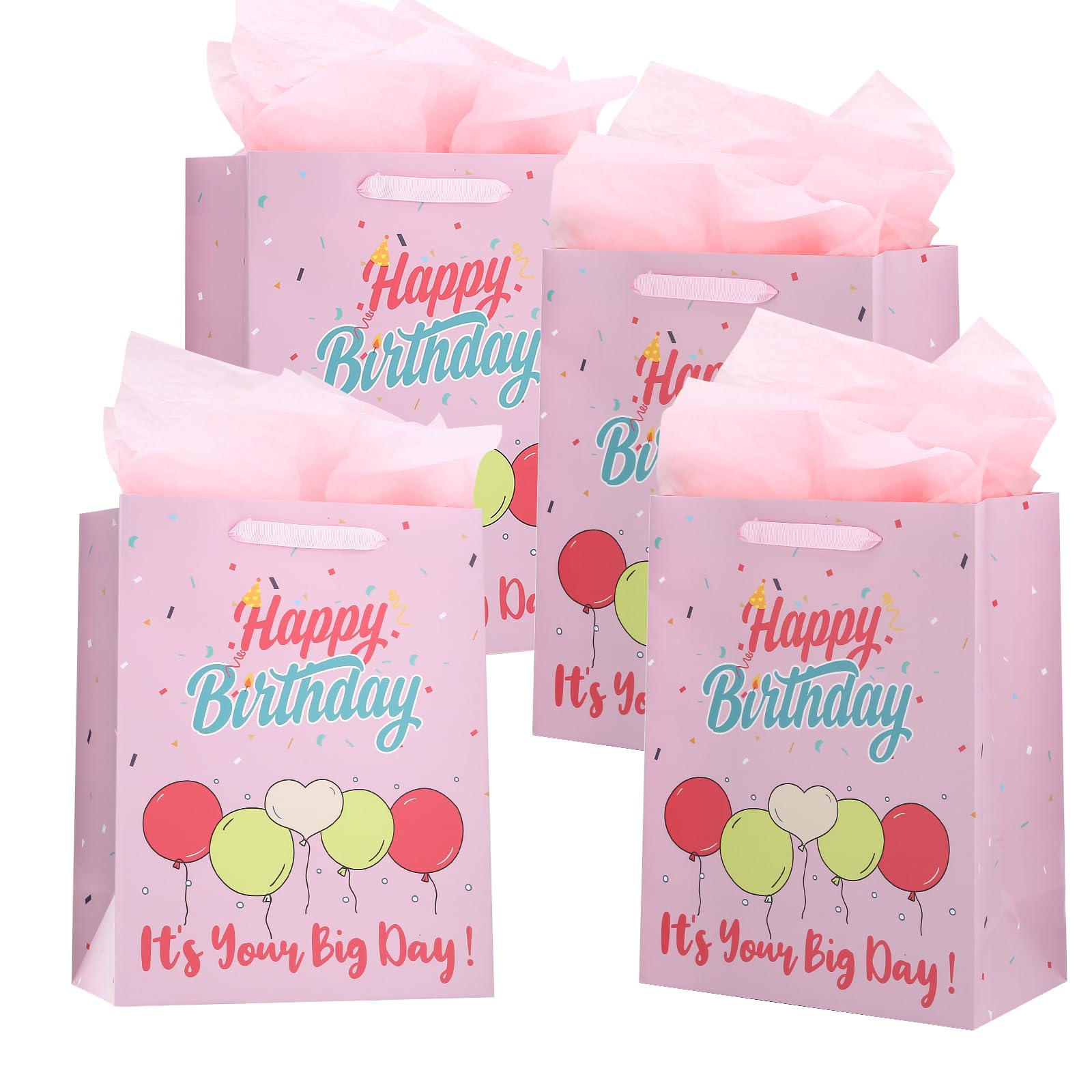 Ronvir 4-Piece Pink Birthday Gift Bags for Girls - Large 10x13x5 Inch Party Favor Bags with Tissue Paper - Perfect for Kids' Birthday Parties, Baby Showers & Special Occasions