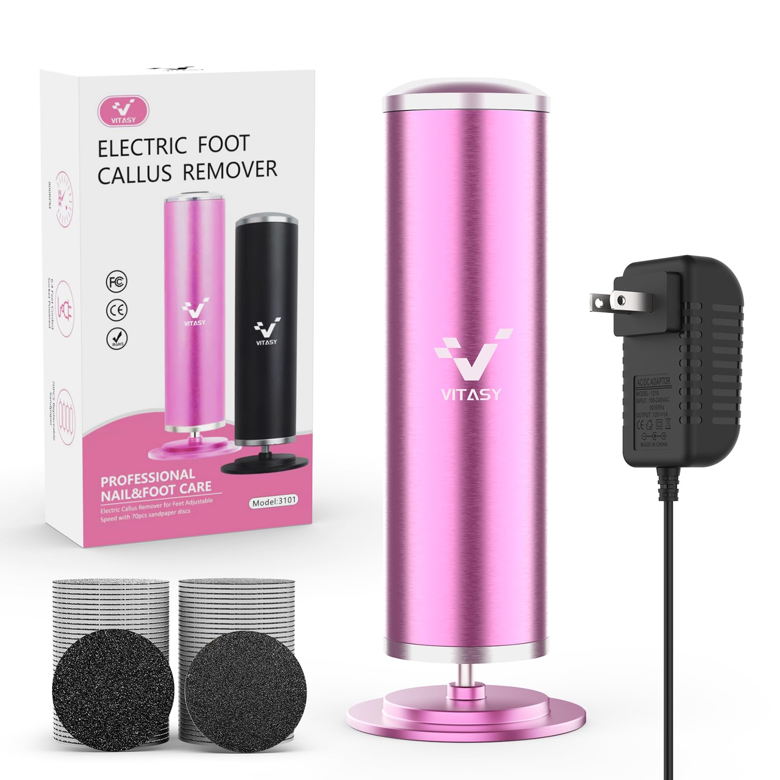 Electric Callus Remover for Feet - Adjustable Speed 0-800 RPM, Rechargeable Foot File with 70 Replacement Sandpaper Discs, Professional Pedicure Tool for Dead Cracked Skin & Calluses Removal - Perfect for Home Spa, Salon & Travel (Pink)