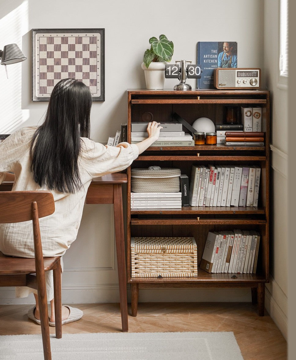 Solid Black Walnut & Oak Wood Glass Flip Door Bookcase - Modern Side Cabinet for Living Room, Office & Bedroom Storage