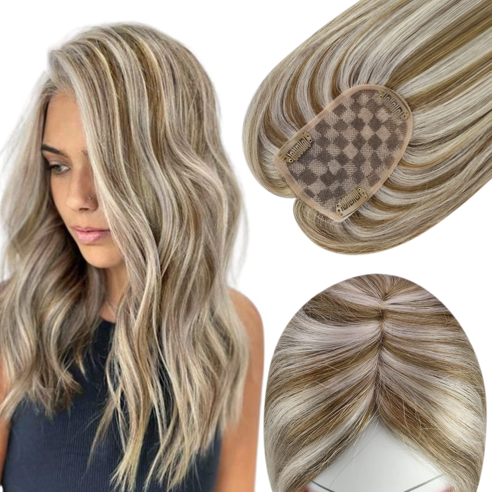 18 Inch Ash Brown Highlights Light Blonde Clip-In Hair Toppers for Women - Real Human Hair 3x5 Inch Hairpiece for Thinning Hair - Brazilian Virgin Hair Extensions for Daily Wear, Parties & Special Occasions