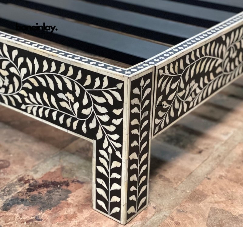 Luxury Black Bone Inlay Bed with Intricate Floral Design - Handcrafted Wooden Bed Frame for Master Bedroom, Guest Room & Boho Chic Home Decor