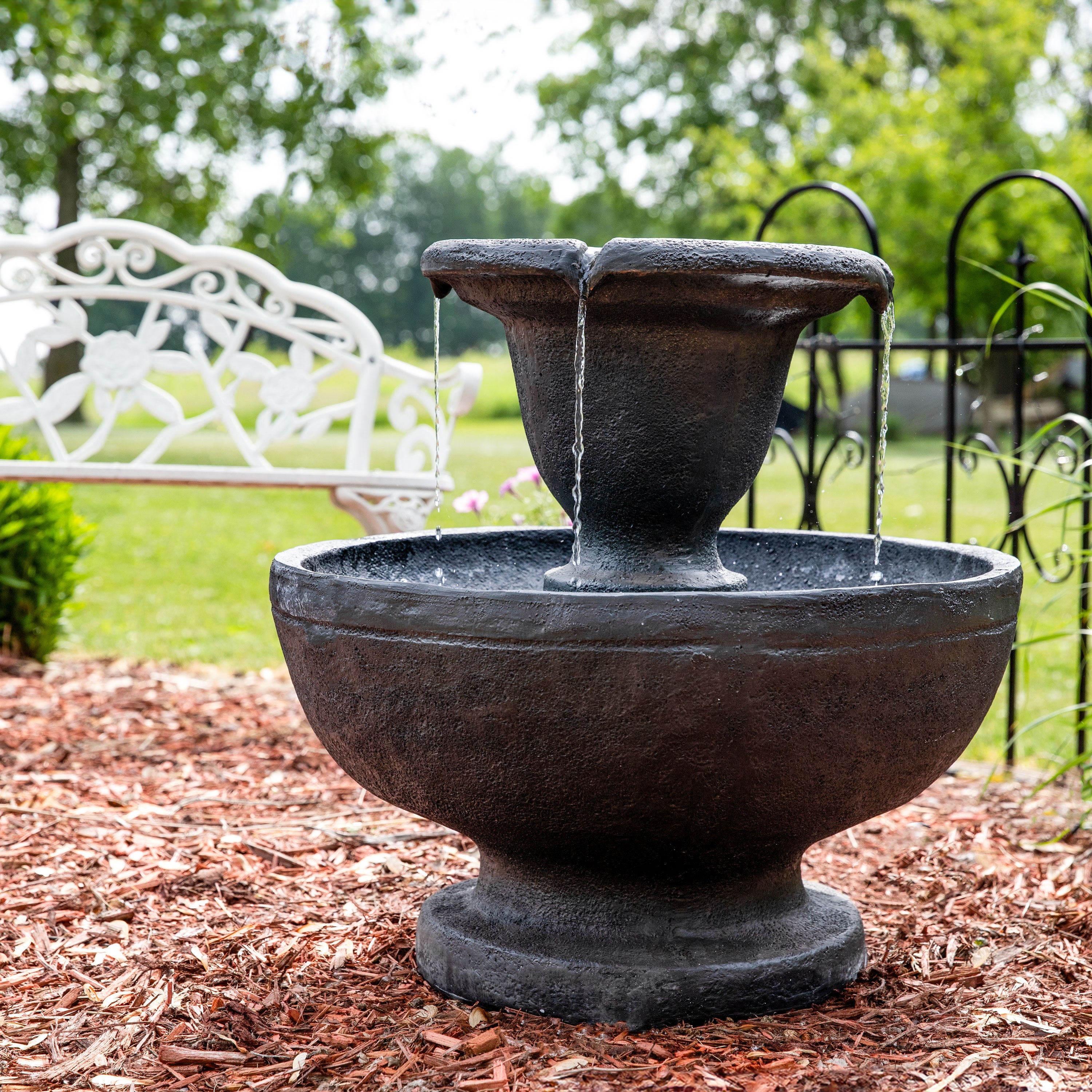 Sunnydaze 2-Tier Outdoor Water Fountain with Cascading Falls - 25 Inch Height for Garden, Patio, and Backyard Decor