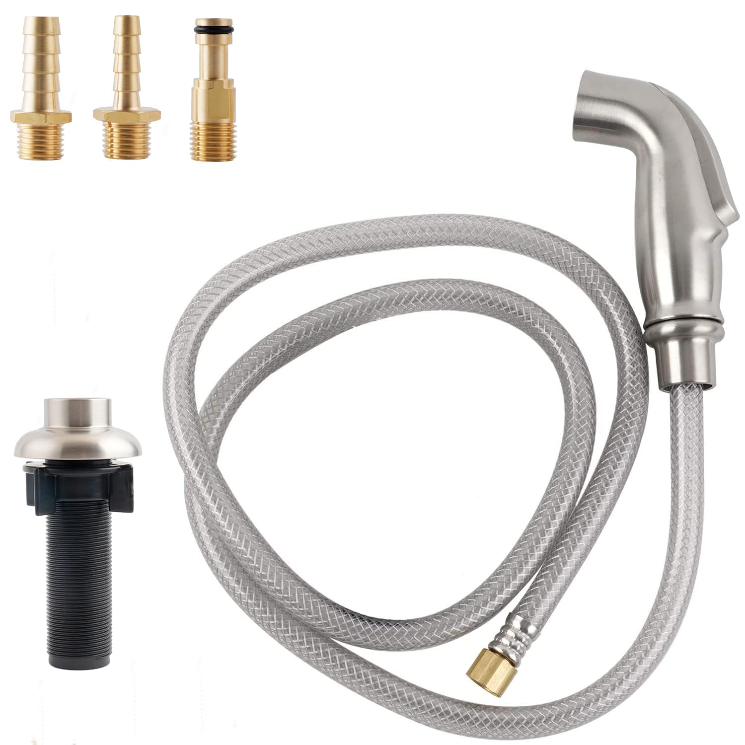 iFealClear Brushed Nickel Kitchen Sink Side Sprayer - 1/4 Inch Pull Out Faucet Sprayer with Hose & 3 Adapters - Compatible with Moen & Standard Sink Connectors - Perfect for Home, School & Commercial Kitchen Use