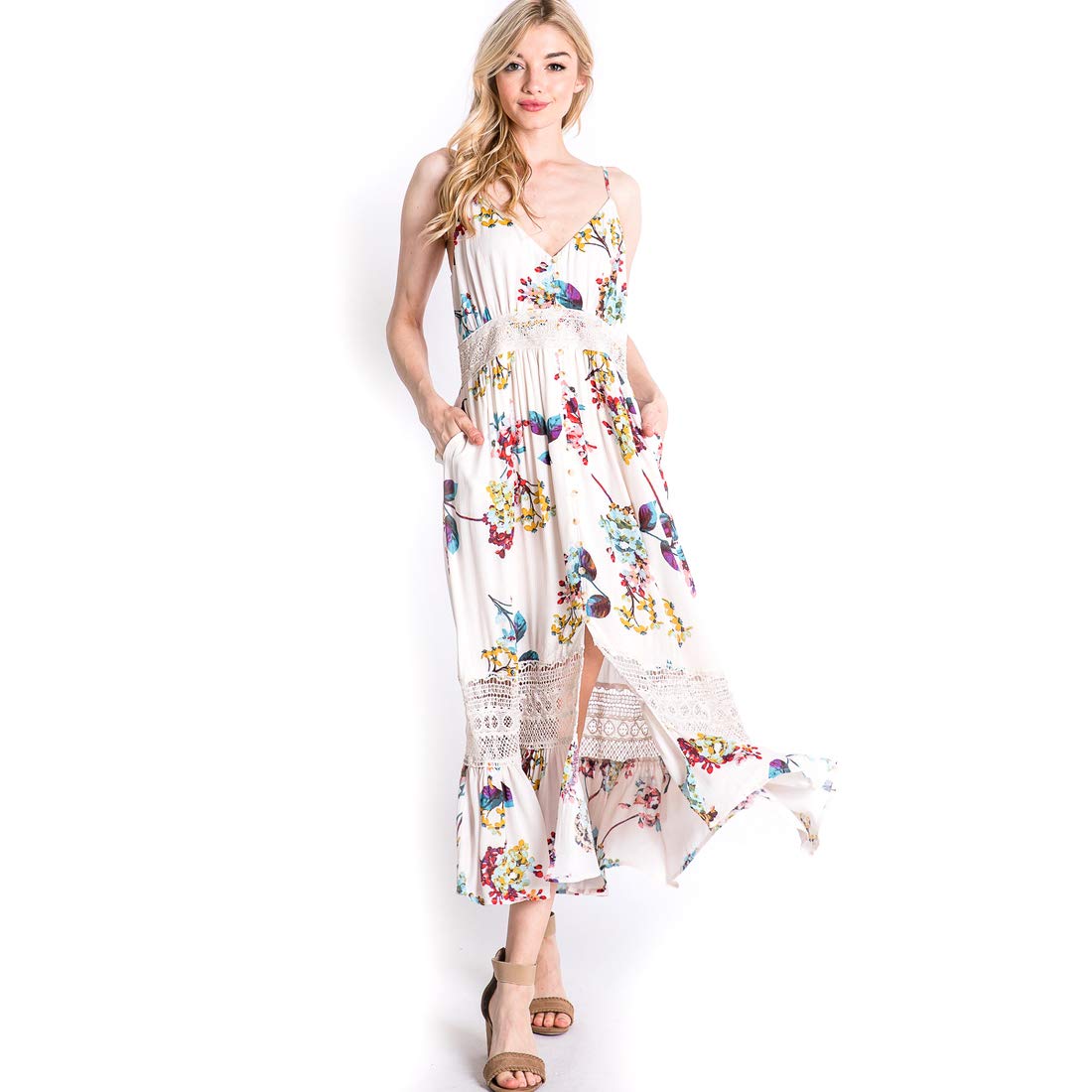 Cream Floral Maxi Sun Dress with Crochet Lace Detail & Spaghetti Straps - Medium Size | Boho Summer Beach Dress for Women, Perfect for Vacations, Weddings & Outdoor Parties