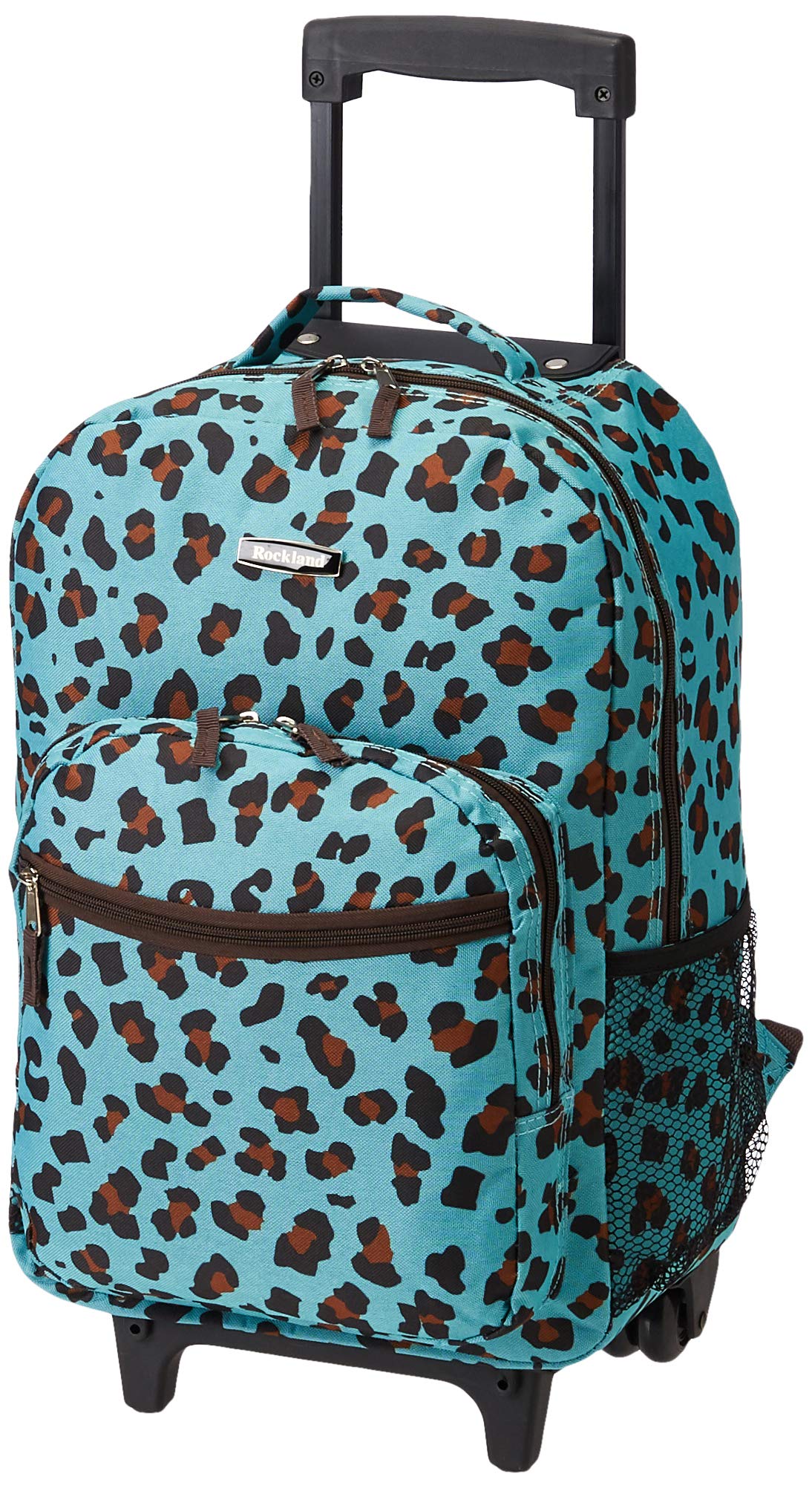 Rockland 17-Inch Double Handle Rolling Backpack - Blue Leopard Print for School, Travel & Business | Durable Carry-On Luggage with Wheels & Shoulder Straps