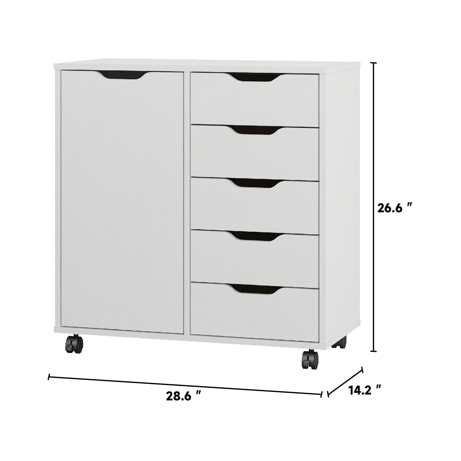 Panana 5-Drawer Wooden Dresser with Wheels & Door - White Storage Cabinet for Bedroom, Office Organization & Clothes Storage - Perfect for Small Spaces & Home Decor