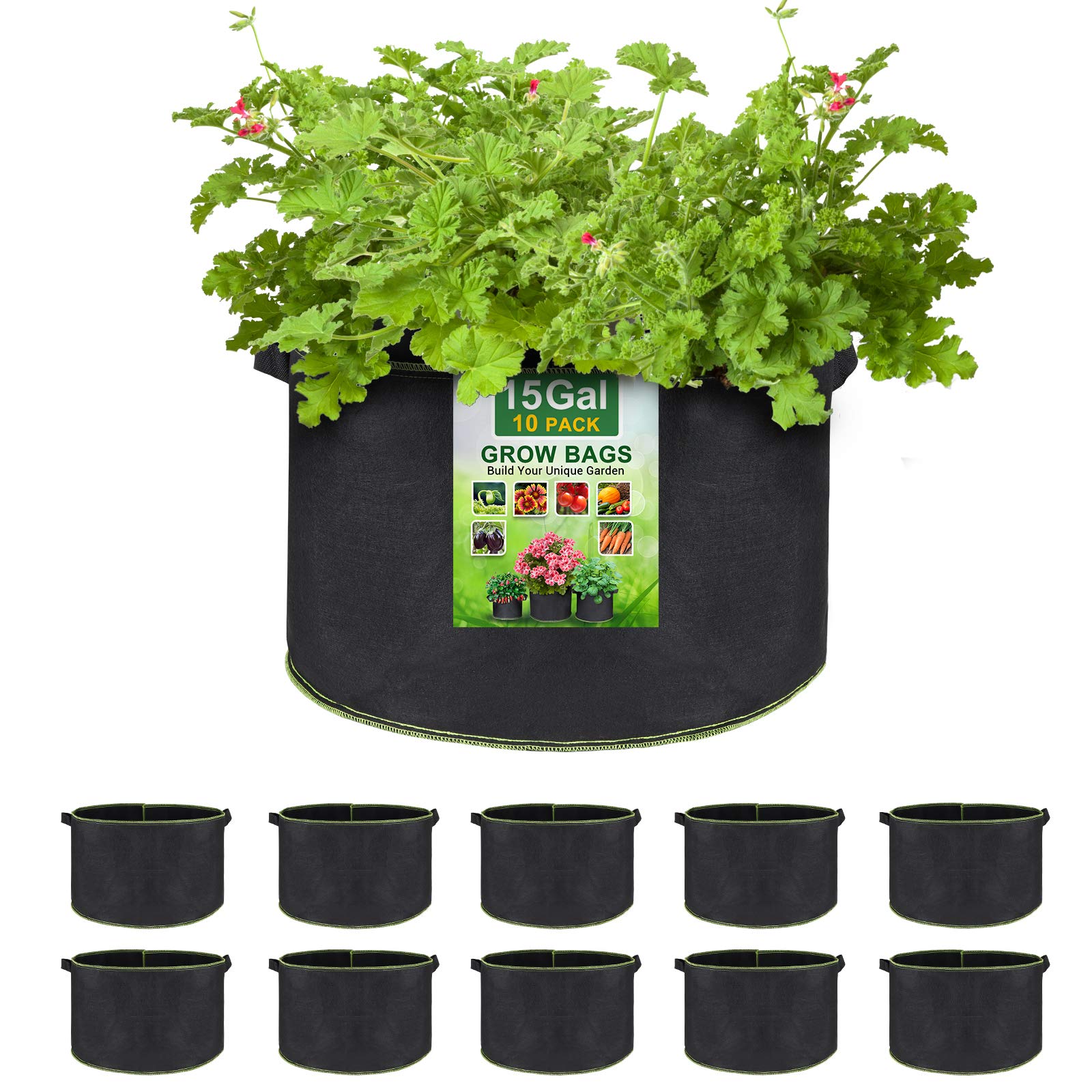 SunArea 10-Pack 15 Gallon Thickened Nonwoven Fabric Grow Bags with Reinforced Handles - Heavy Duty Aeration Planters for Vegetables, Fruits, Flowers - Perfect for Indoor/Outdoor Gardening, Balcony Planting & Urban Farming