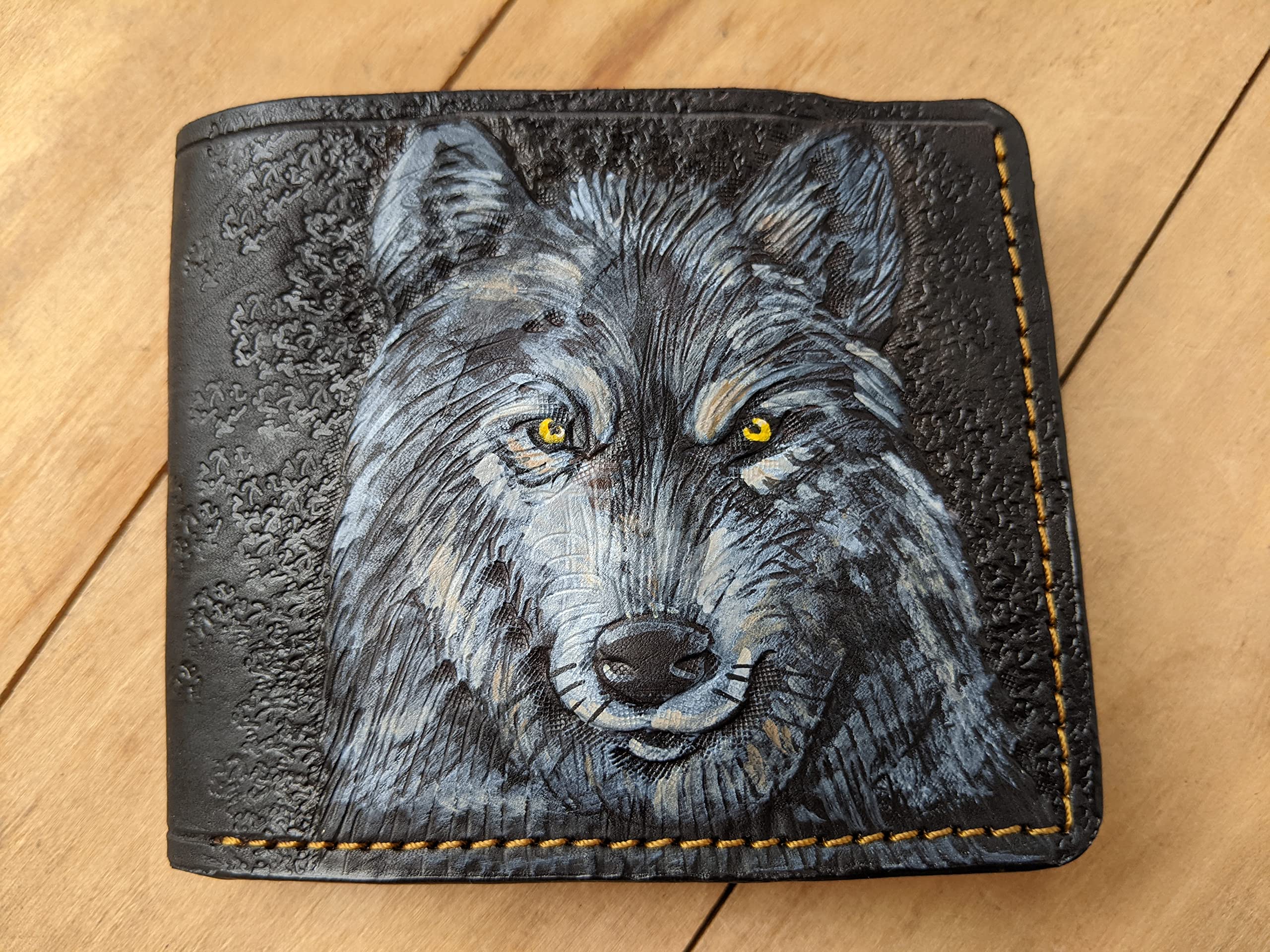 **Handmade 3D Genuine Leather Bifold Wallet for Men - Gray Wolf Carved & Tooled Design with Airbrush Art - Custom Personalized Gift for Dad, Husband, or Boyfriend (A28)**    *(Perfect for Everyday Use, Travel, Gifting, and Special Occasions)*
