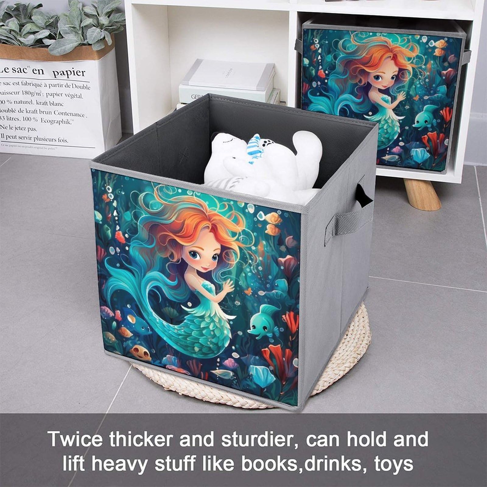 **Cute Mermaid Foldable Storage Bins & Organizers - 6-Pack Square Storage Baskets with Handles for Kids Room, Closet, or Playroom Organization**