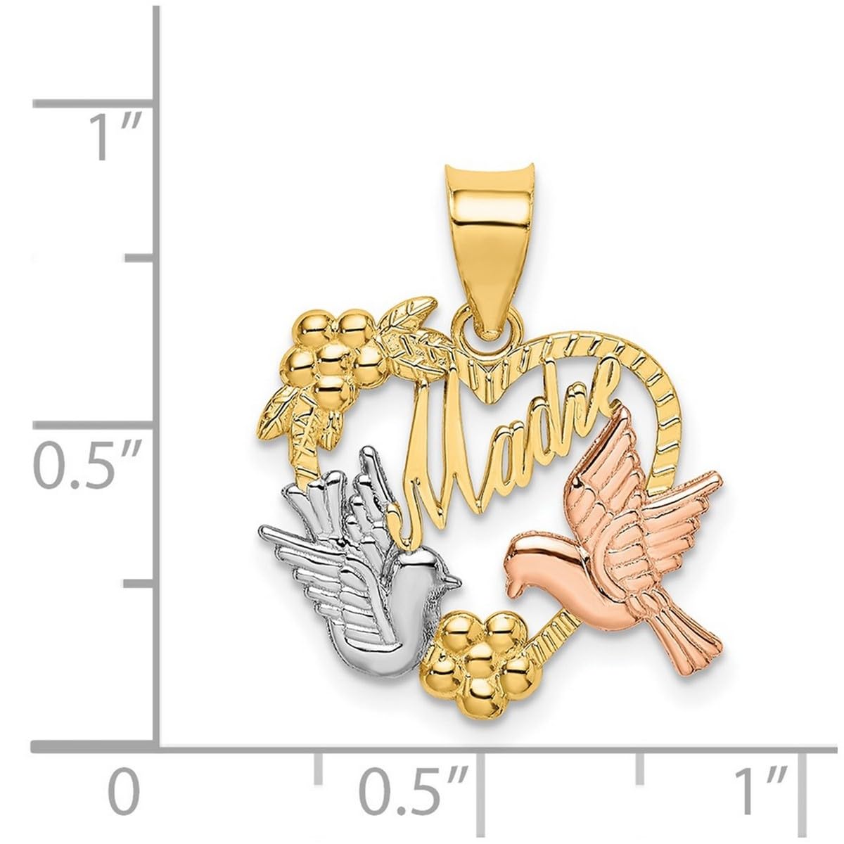 14K Two-Tone Gold Madre In Love Heart Pendant Necklace with Doves & Tri-Color Accents - 20.6x20.5mm Women's Jewelry Gift for Valentine's Day, Anniversary & Special Occasions