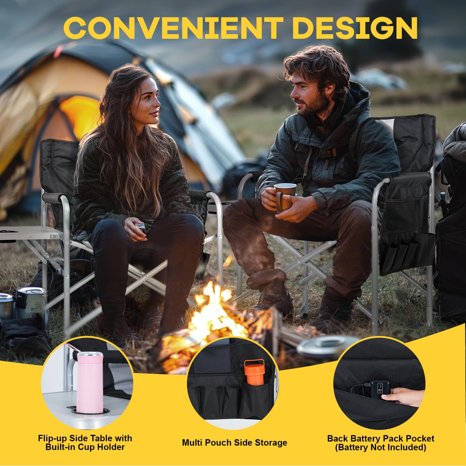NAIZEA Heated Director Chair - Oversized Camping Chair for Adults with Side Table Pockets, 550lbs Weight Capacity - Portable Folding Heated Outdoor Chair for Camping, Beach, Tailgating & Makeup (Power Bank Not Included)