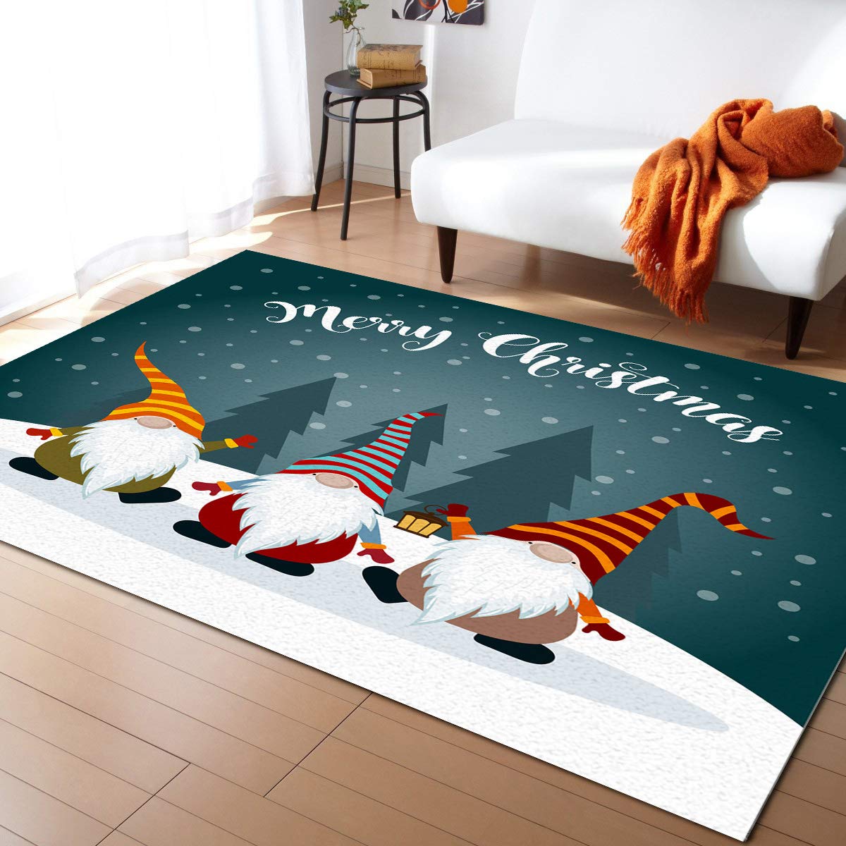Modern Rectangle Area Rug - Soft Indoor Carpet Floor Mat with Merry Christmas Happy Gnome Winter Pine Snow Scene Design, Non-Slip Kitchen Runner Rug for Kids Play Mats & Home Decor | Perfect for Living Room, Bedroom, Holiday Decorations