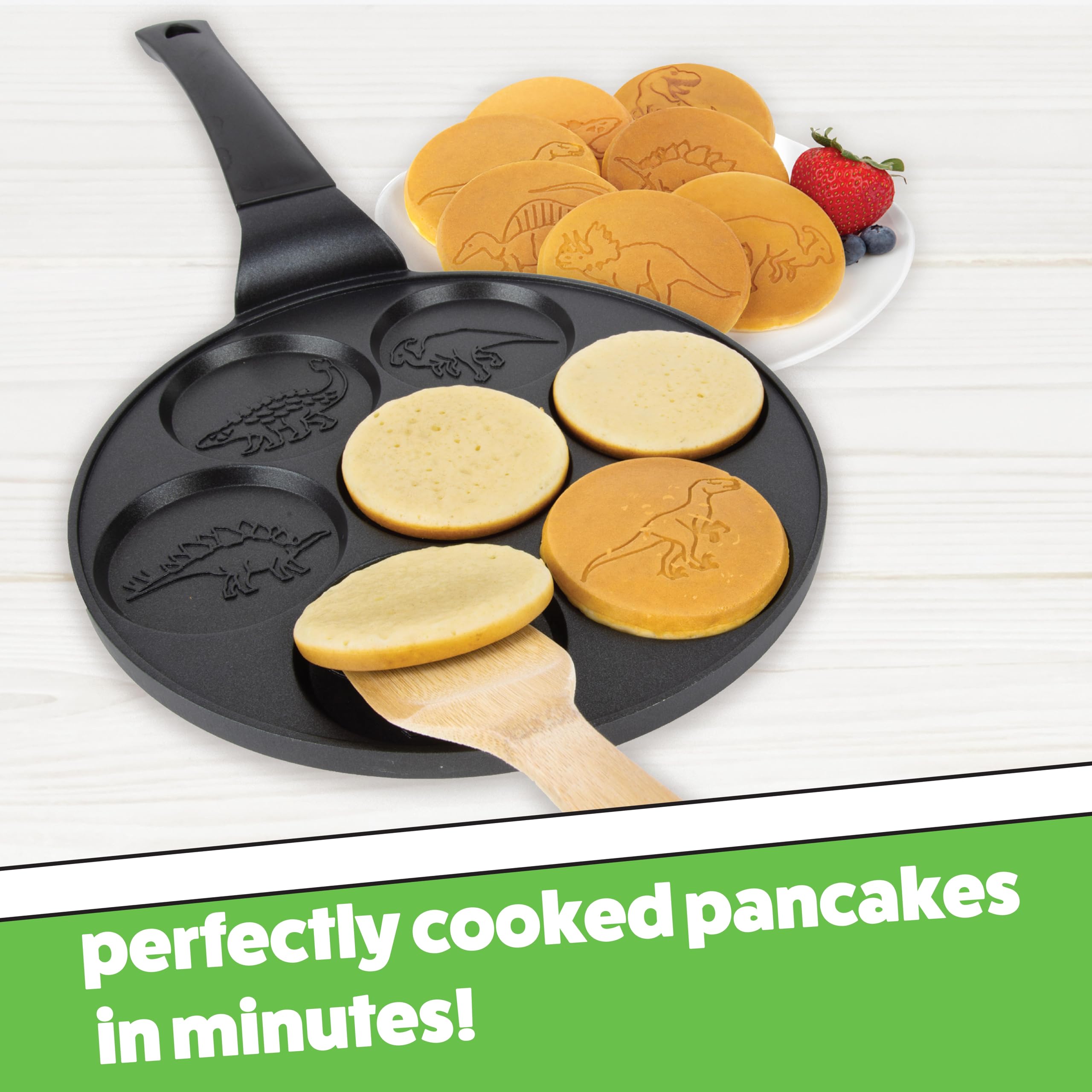 Dino Mini Pancake Pan - Nonstick Stovetop Griddle for Making 7 Unique Dinosaur-Shaped Pancakes | Perfect Kids Breakfast, Brunch & Jurassic-Themed Party Fun | Easy Clean & Long Handle Design | Great Gift for Boys & Dinosaur Lovers