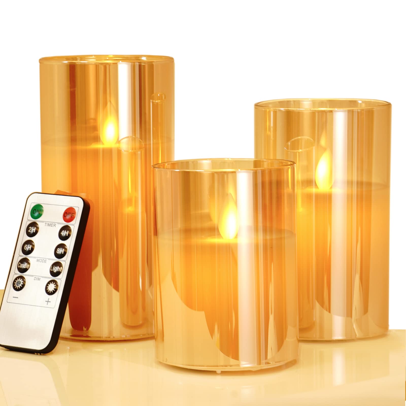 Flameless LED Candles Set of 3 with Remote & Timer - Battery Operated Glass Candles in Gold for Home Decor, Wedding Centerpieces & Romantic Ambiance