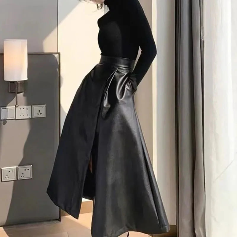 Women's High Waisted PU Leather Long Skirt - Elegant Black Midi Split Skirt for Autumn Winter Fashion | Streetwear, Office Wear & Night Out Outfits