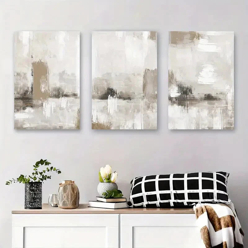3-Piece Abstract Beige Neutral Tone Metal Wall Art Prints - Ready to Hang Modern Home Decor for Living Room, Bedroom & Office