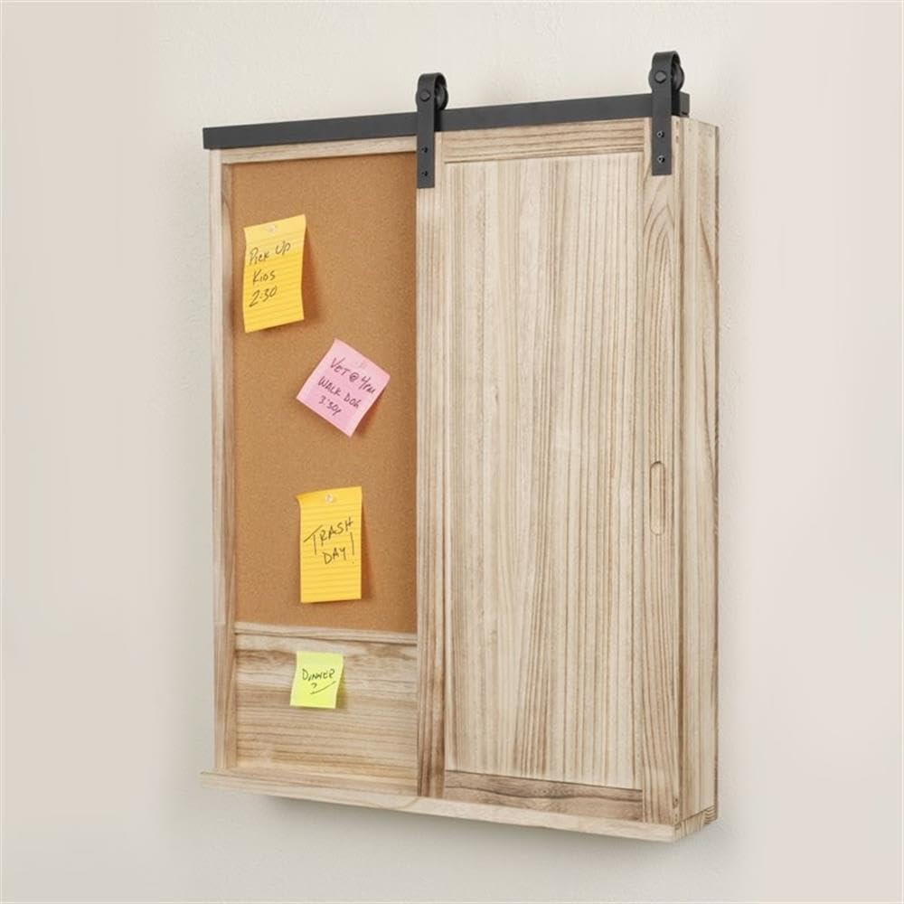 Solid Wood Barn Door Style Corkboard & Key Storage Wall Organizer - American Furniture Classics with Distressed Natural Finish | Perfect for Home Office, Entryway & Farmhouse Decor