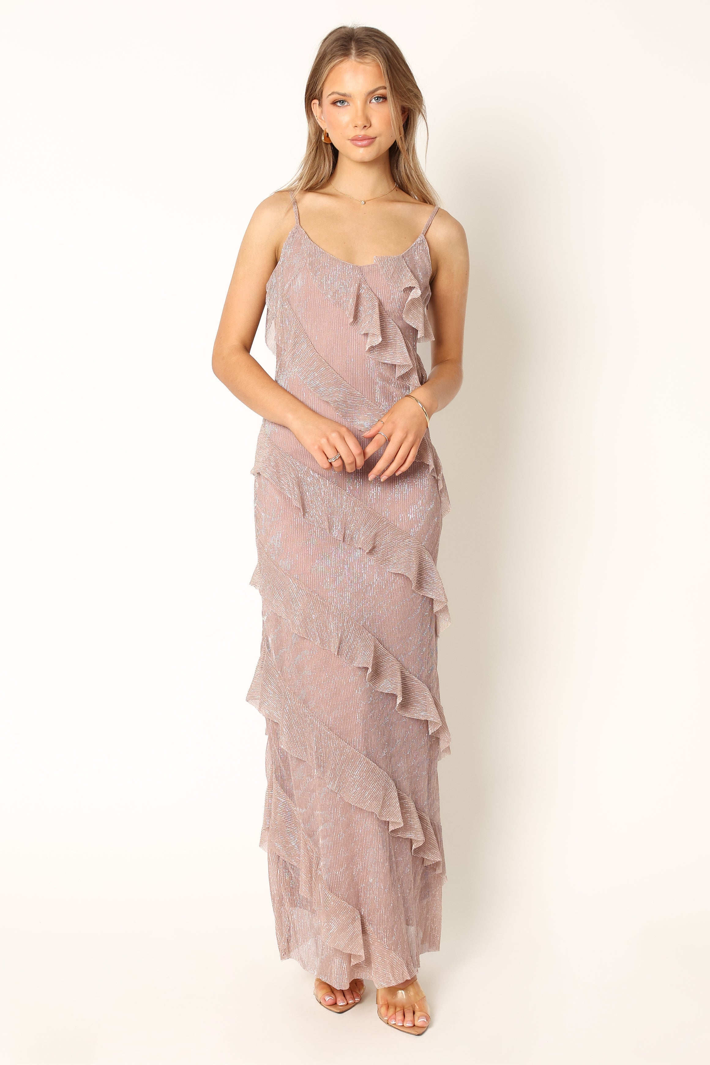 Ciao Ruffles Maxi Dress for Women - Elegant Dusty Lavender Flowy Long Dress for Summer, Beach, Wedding & Special Occasions