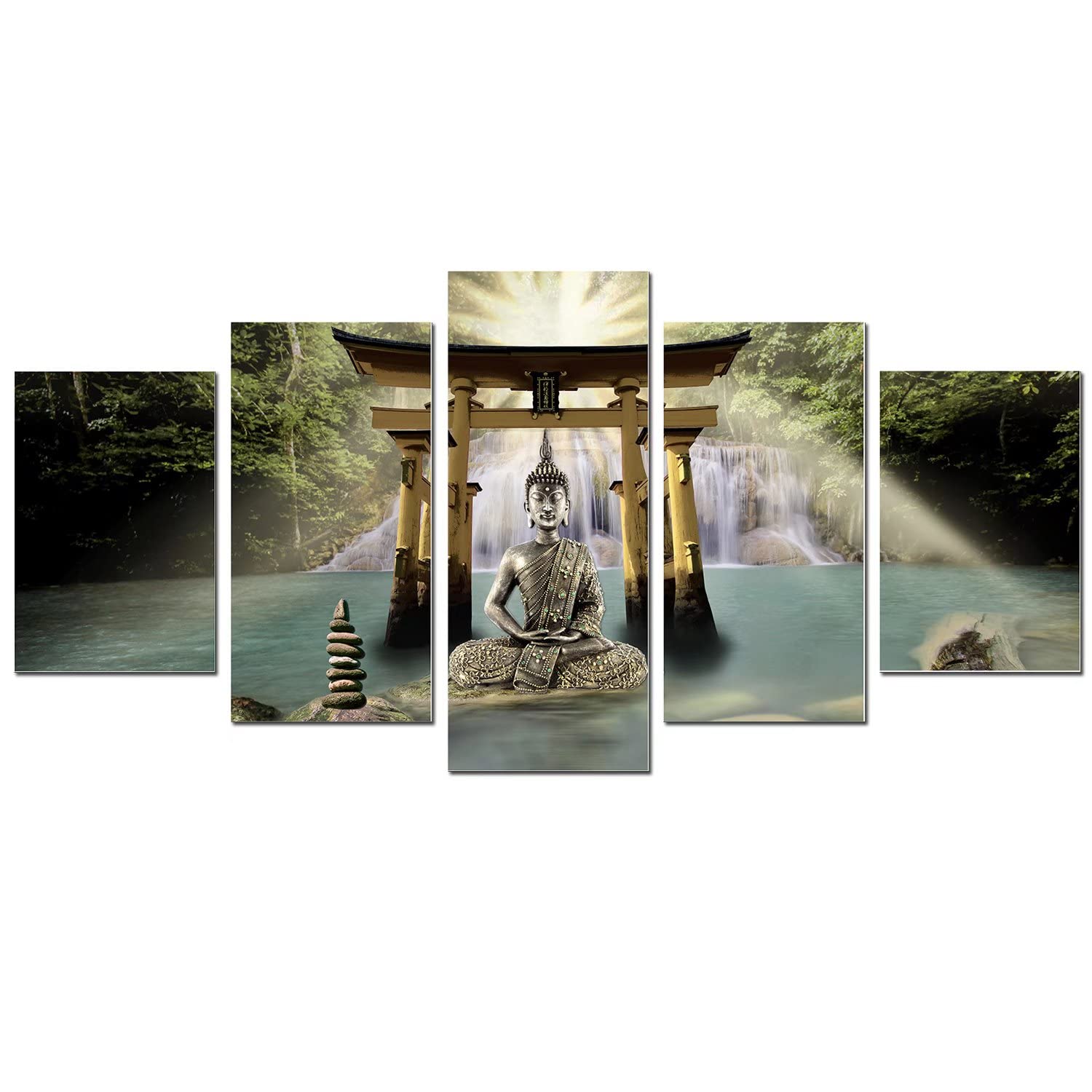 Abstract Buddha Canvas Wall Art - 5 Panel Framed Painting for Living Room & Zen Decor