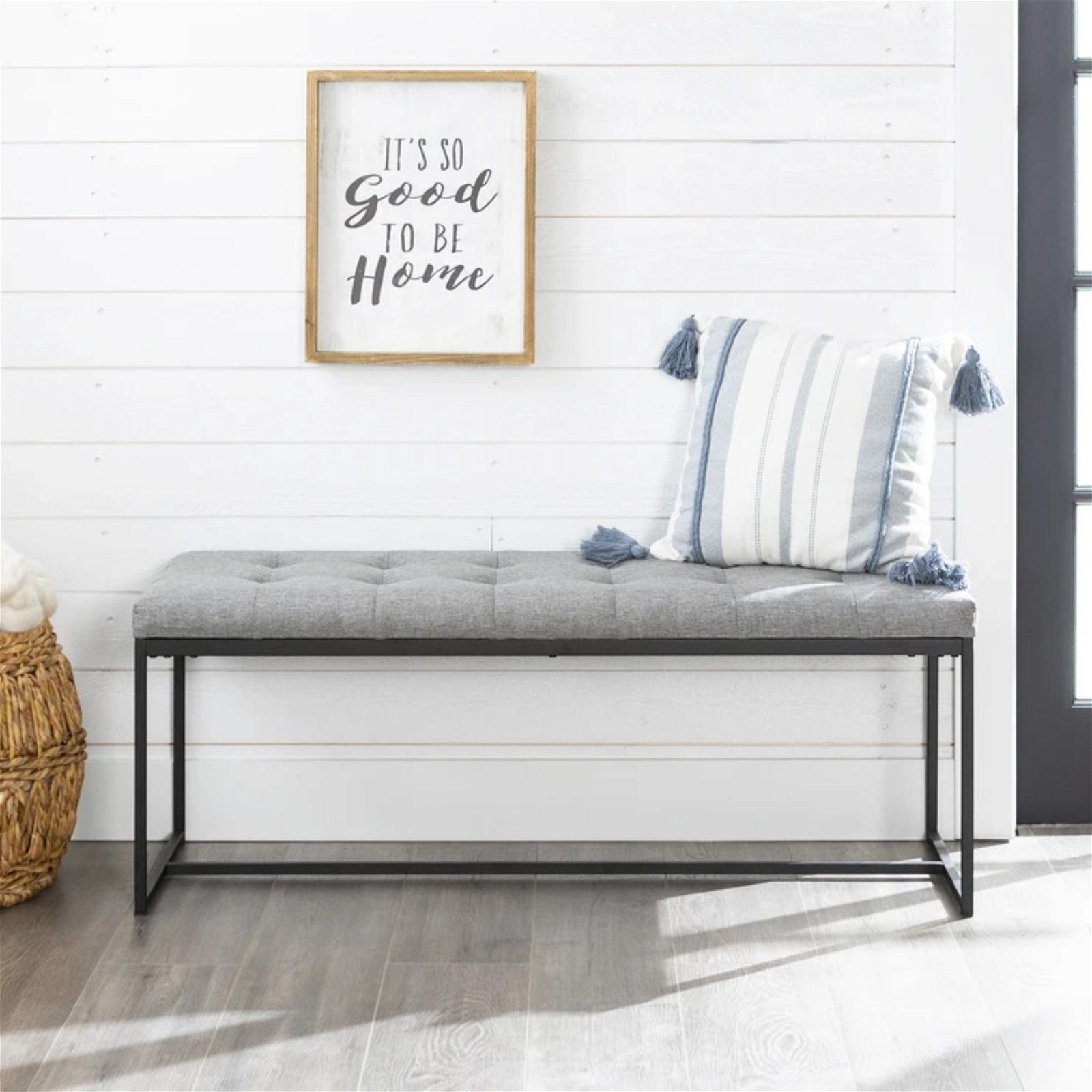 Woodstockâ¢ Grey Fabric Relax Bench with Black Metal Frame - Perfect for Entryway, Living Room or Outdoor Patio Seating