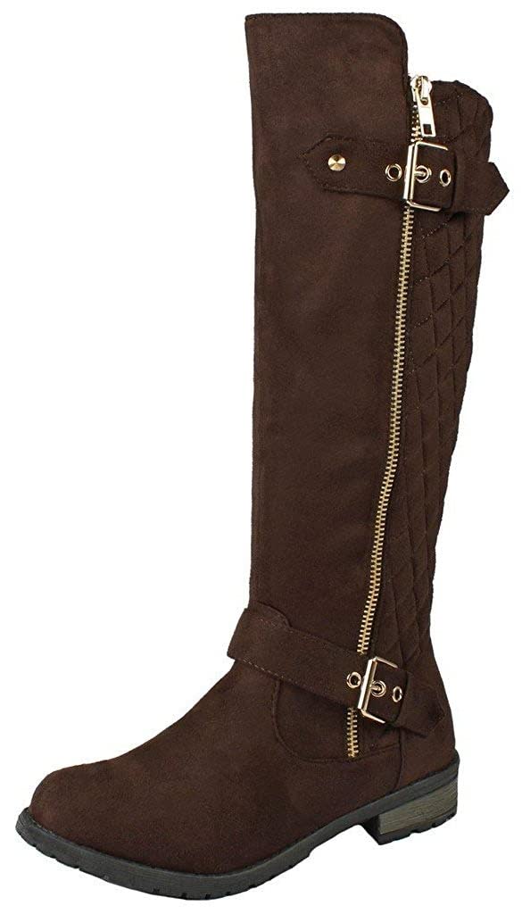 Forever Mango Women's Quilted Riding Boots with Zipper Accent - Brown Size 10 | Fashionable Equestrian & Winter Boots for Casual Outings and Outdoor Activities