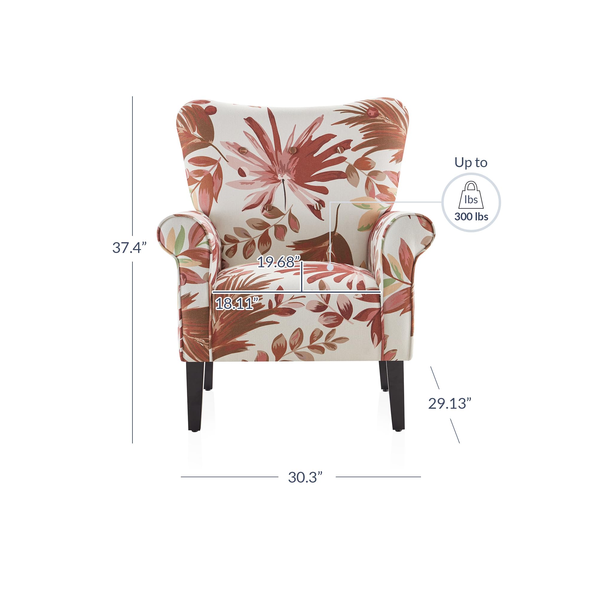 BELLEZE Modern Accent Chair - High Back Floral Wingback Armchair with Wooden Legs & Padded Armrests, Upholstered Single Sofa for Living Room, Bedroom, Office - Allston Red Floral Design - Perfect for Reading Nook, Lounge Area & Home Decor