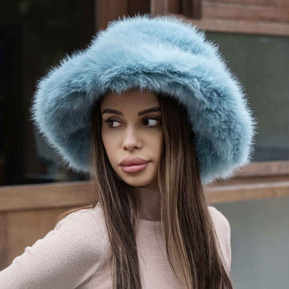 Cozy Teal Winter Fluffy Faux Fur Bucket Hat for Women - Soft Warm Winter Hat for Cold Weather, Outdoor Activities & Fashion Accessories
