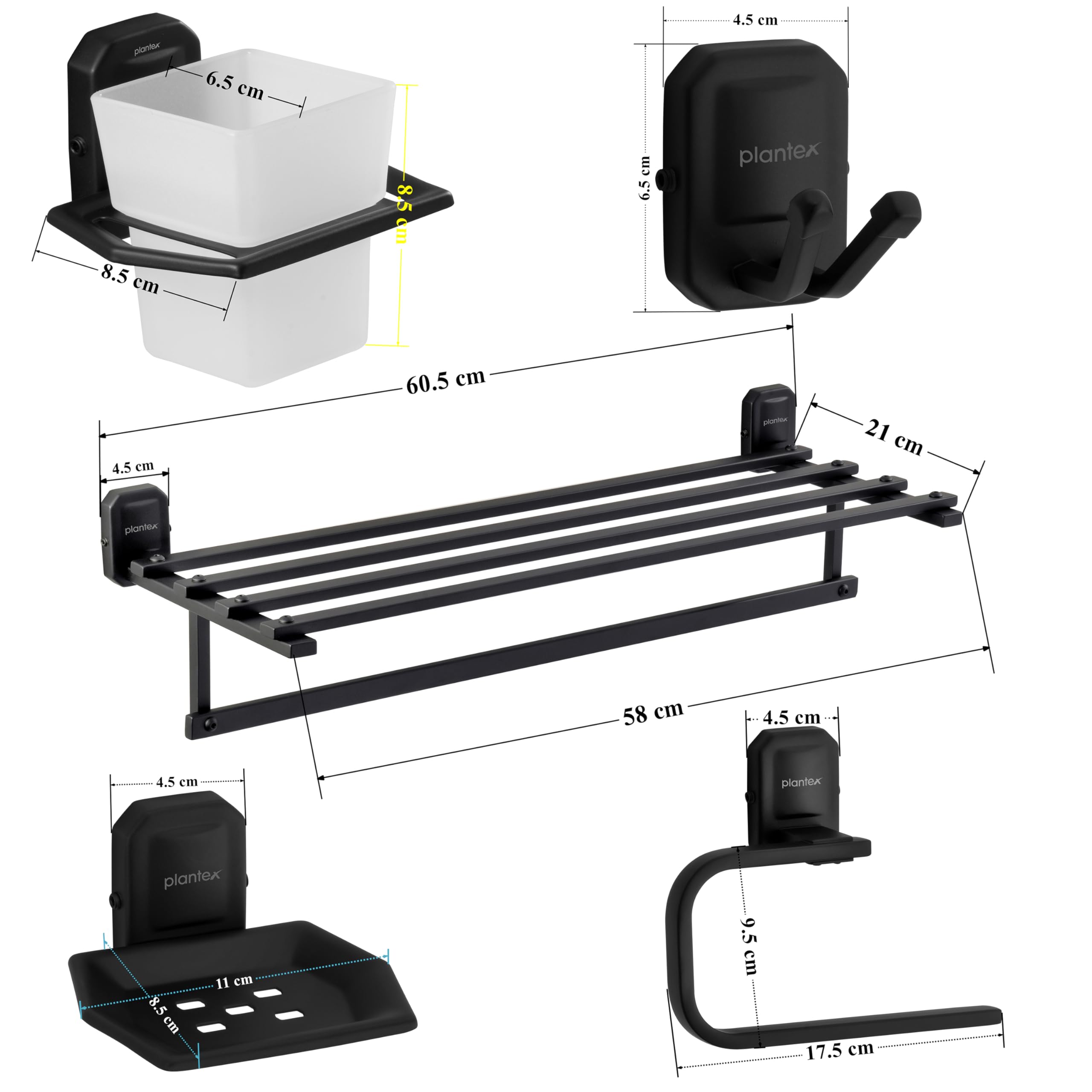 Plantex Cute 304 Stainless Steel Bathroom Organizer Set - Towel Rack, Soap Holder, Napkin Ring, Tumbler Holder & Robe Hook - Durable Black Bathroom Accessories for Home, Hotel & Spa Decor